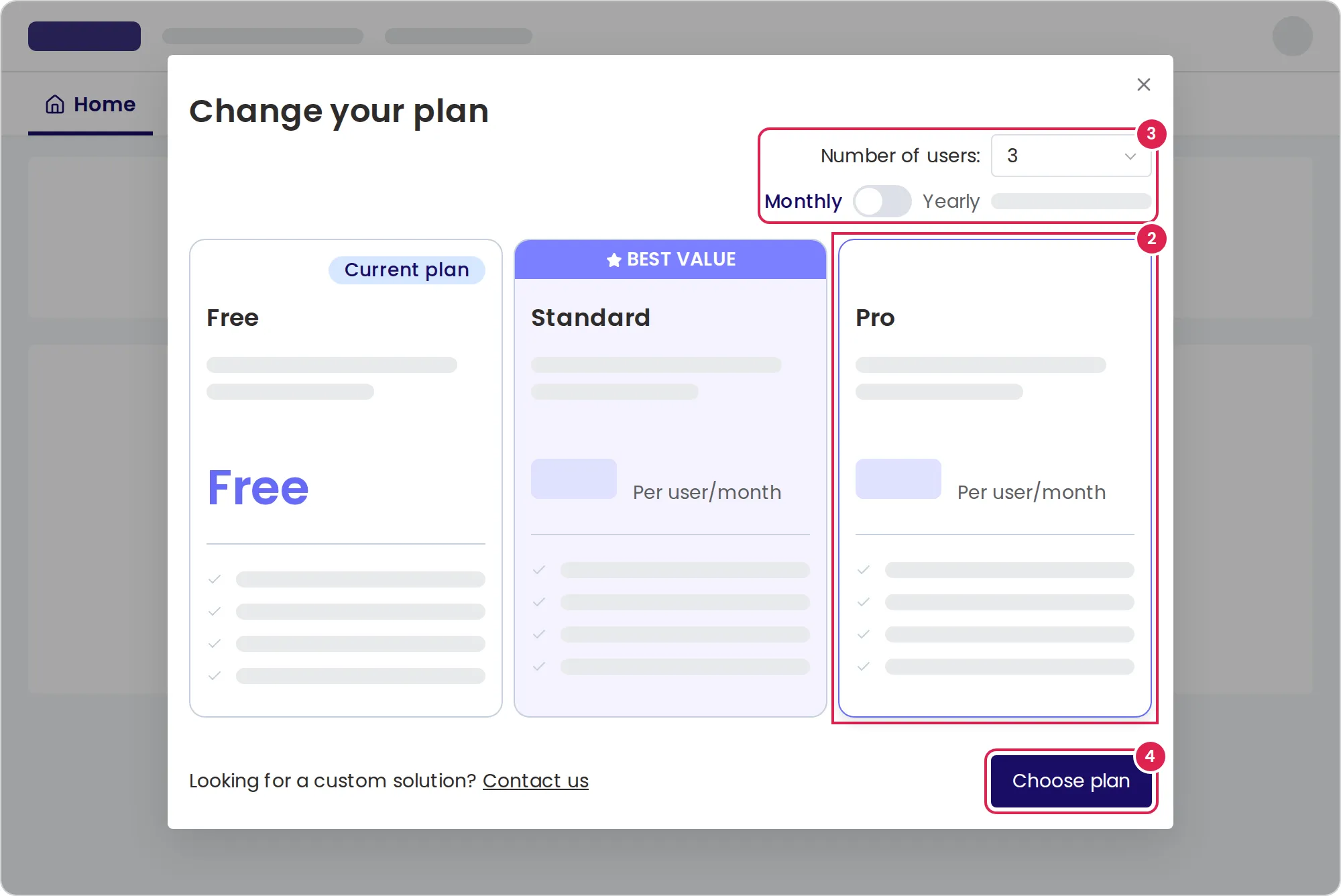 Sketch of the dialog for changing the plan, with the three plan cards. Marker 2 is on the third card, which is selected. Marker 3 is on the number of users and the switch between monthly and yearly billing, at the top right. Marker 4 is on the button that chooses the plan, at the bottom right.