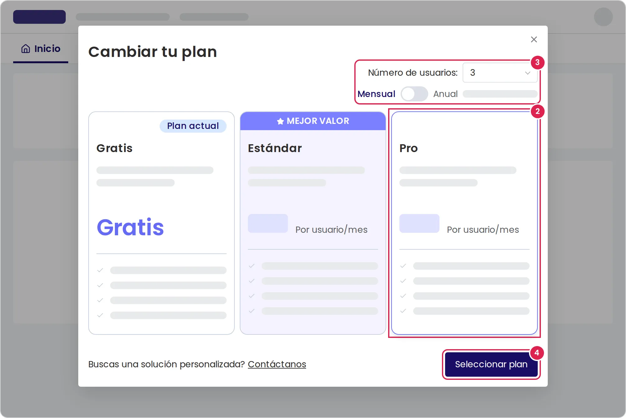 Boceto del cuadro de diálogo para cambiar el plan, con las tres tarjetas de planes. El marcador 2 está en la tercera tarjeta, que está seleccionada. El marcador 3 está en el número de usuarios y en el interruptor entre la facturación mensual y la anual, arriba a la derecha. El marcador 4 está en el botón que elige el plan, abajo a la derecha.
