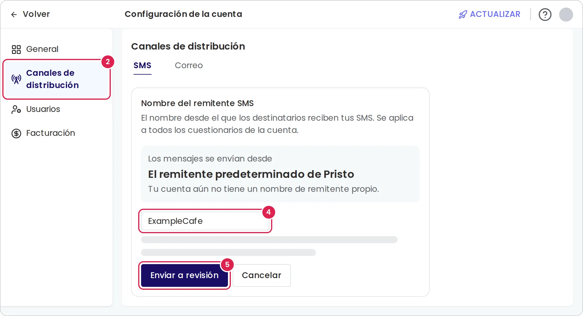 Boceto de la pestaña SMS de la configuración de la cuenta mientras solicitas un nombre de remitente. El marcador 2 está en el elemento de canales de distribución, en el menú de la izquierda. El marcador 4 está en el cuadro donde escribes el nombre. El marcador 5 está en el botón que envía el nombre a revisión.