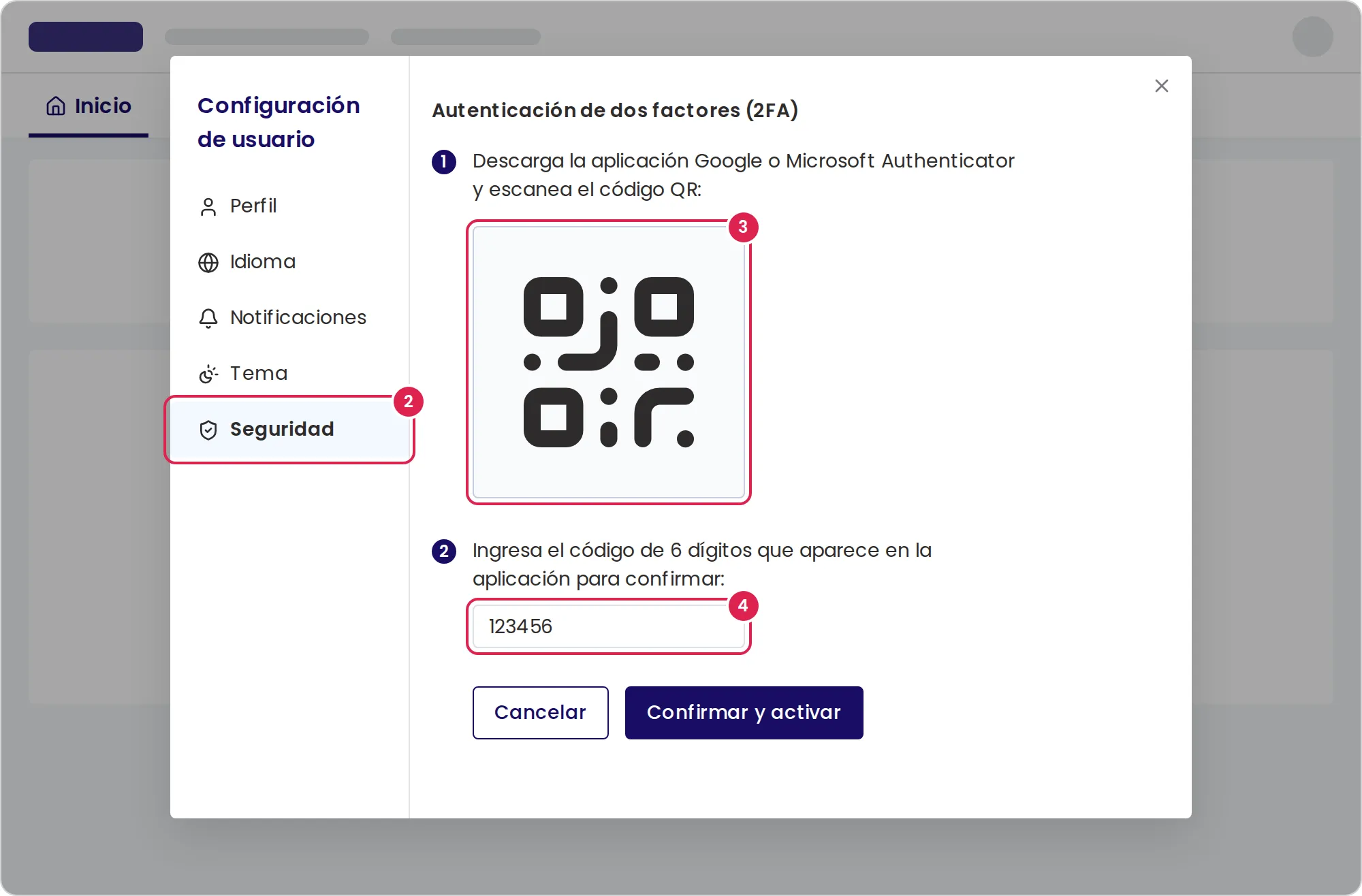 Boceto de la ventana de configuración de usuario mientras activas la autenticación de dos factores. El marcador 2 está en el elemento de seguridad, en el menú de la izquierda. El marcador 3 está en el código QR que escaneas con tu aplicación de autenticación. El marcador 4 está en el cuadro del código de 6 dígitos, y el botón que confirma está debajo.
