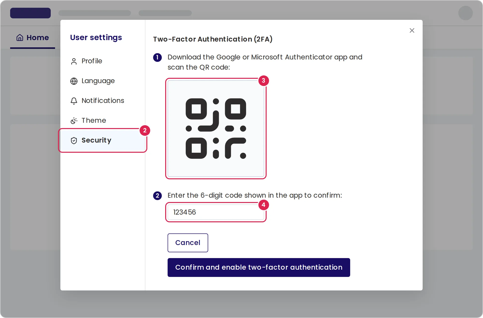Sketch of the user settings window while you turn on two-factor authentication. Marker 2 is on the security item in the menu on the left. Marker 3 is on the QR code that you scan with your authenticator app. Marker 4 is on the box for the 6-digit code, and the button that confirms is below it.