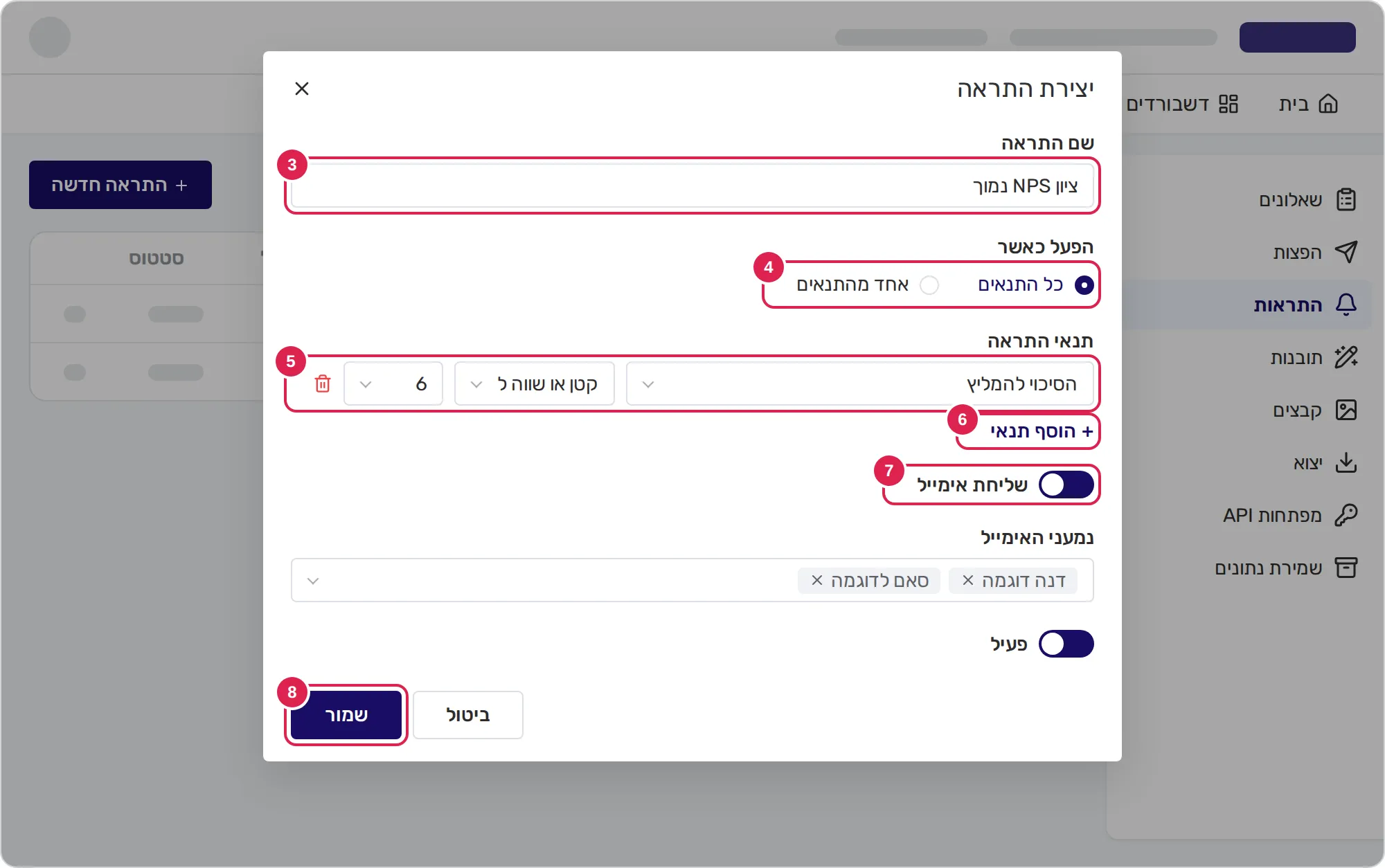 סקיצה של חלון יצירת כלל התראה, פתוח מעל רשימת הכללים. סימון 3 נמצא על שם הכלל. סימון 4 נמצא על הבחירה אם צריך שכל תנאי יתקיים או שמספיק תנאי אחד. סימון 5 נמצא על שורת התנאי, עם השאלה, ההשוואה והערך. סימון 6 נמצא על הכפתור שמוסיף תנאי. סימון 7 נמצא על המתג שמפעיל את האימייל, מעל רשימת הנמענים. סימון 8 נמצא על כפתור השמירה, בפינה השמאלית התחתונה.