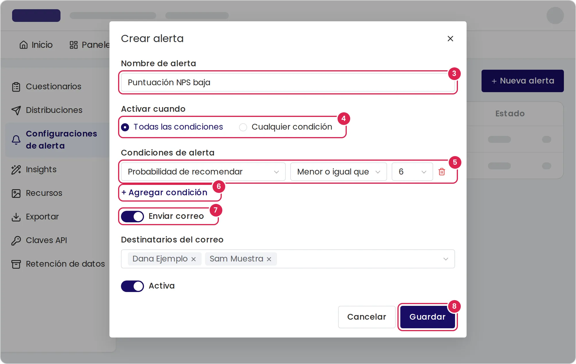 Boceto del cuadro de diálogo que crea una regla de alerta, abierto sobre la lista de reglas. El marcador 3 está en el nombre de la regla. El marcador 4 está en la opción que decide si deben cumplirse todas las condiciones o solo una. El marcador 5 está en la fila de la condición, con la pregunta, la comparación y el valor. El marcador 6 está en el botón que agrega una condición. El marcador 7 está en el interruptor que activa el correo, encima de la lista de destinatarios. El marcador 8 está en el botón para guardar, abajo a la derecha.