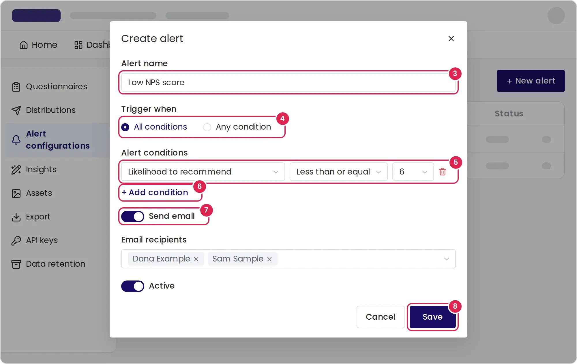 Sketch of the dialog that creates an alert rule, open over the list of rules. Marker 3 is on the rule name. Marker 4 is on the choice of whether every condition or just one must match. Marker 5 is on the condition row, with the question, the comparison and the value. Marker 6 is on the button that adds a condition. Marker 7 is on the switch that turns on the email, above the list of recipients. Marker 8 is on the save button, at the bottom right.
