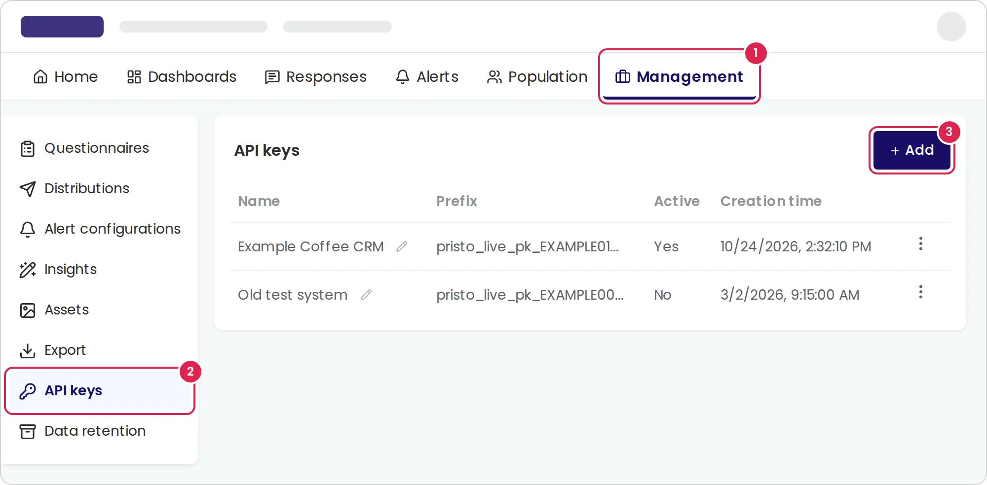 Sketch of the page that lists the program's API keys. Marker 1 is on the management tab in the main menu, marker 2 on the item for API keys in the side menu, and marker 3 on the button that adds a key, at the top right. Each row shows the key's name, the first characters of the key, whether it is active and when it was created, with a menu at the end of the row.
