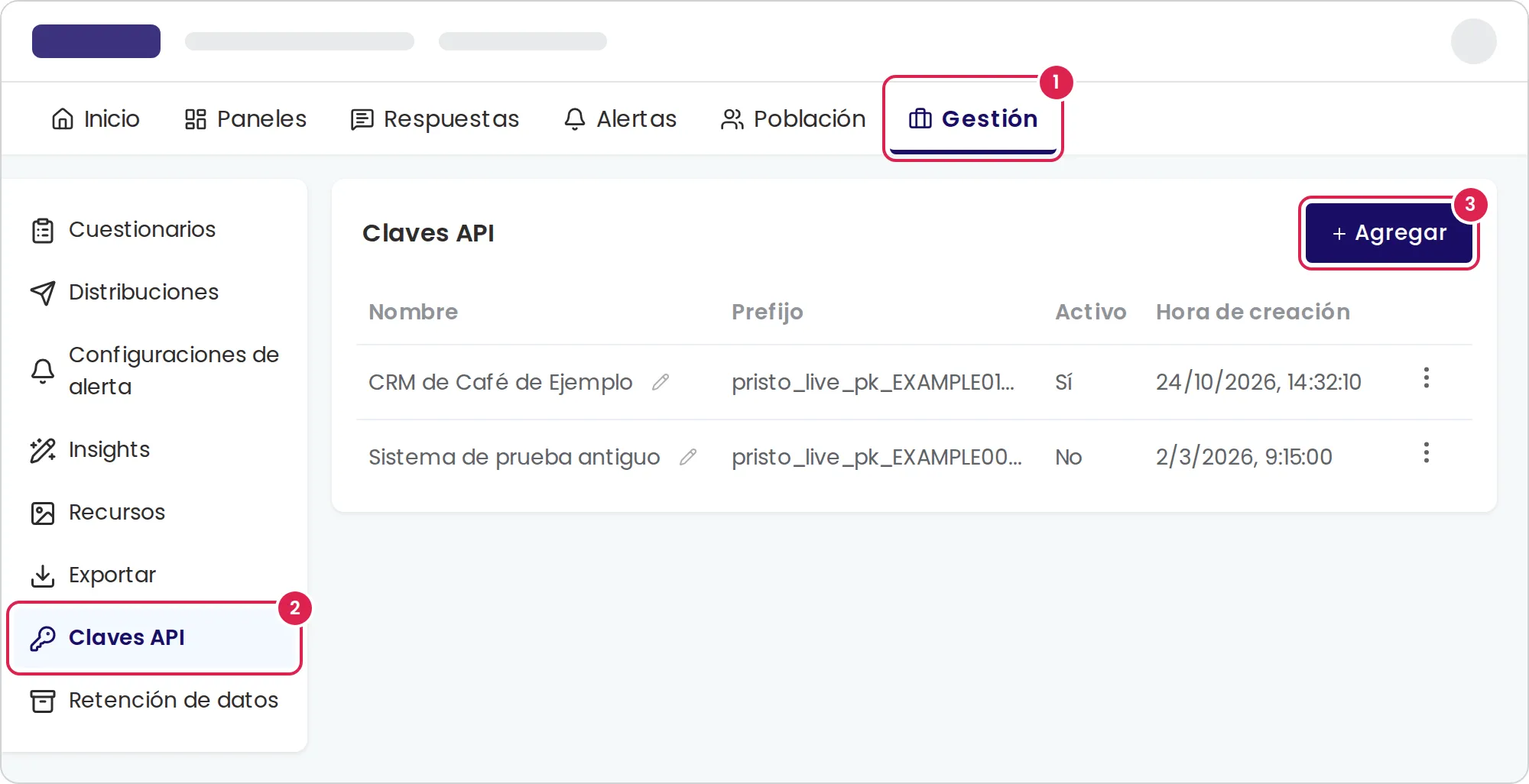 Boceto de la página que muestra las claves API del programa. El marcador 1 está en la pestaña de gestión del menú principal, el marcador 2 en el elemento de claves API del menú lateral y el marcador 3 en el botón que agrega una clave, arriba a la derecha. Cada fila muestra el nombre de la clave, sus primeros caracteres, si está activa y cuándo se creó, con un menú al final de la fila.