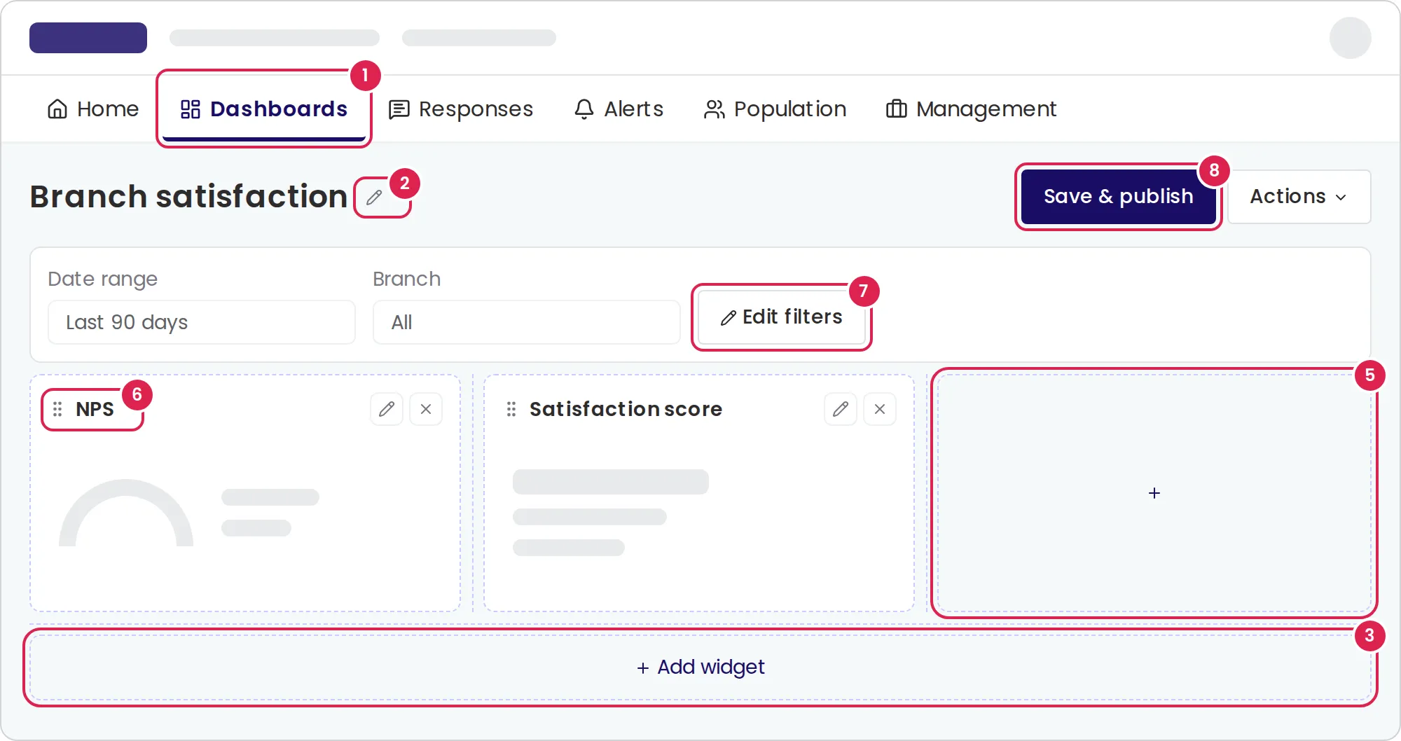 Sketch of the dashboard editor. Marker 1 is on the tab that opens dashboards. Marker 2 is on the pencil beside the dashboard name. Marker 3 is on the button under the rows that adds a widget. Marker 5 is on the plus sign in the free space of a row. Marker 6 is on the top bar of a widget, which you drag to move it. Marker 7 is on the button in the filter bar that chooses the filters. Marker 8 is on the button that saves and publishes, at the top right.