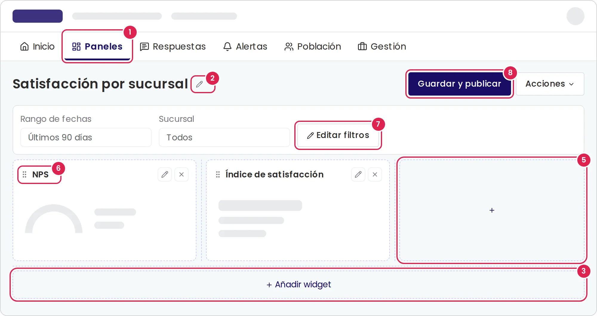 Boceto del editor de paneles. El marcador 1 está en la pestaña que abre los paneles. El marcador 2 está en el lápiz junto al nombre del panel. El marcador 3 está en el botón bajo las filas que agrega un widget. El marcador 5 está en el signo más del espacio libre de una fila. El marcador 6 está en la barra superior de un widget, que arrastras para moverlo. El marcador 7 está en el botón de la barra de filtros que elige los filtros. El marcador 8 está en el botón que guarda y publica, arriba a la derecha.