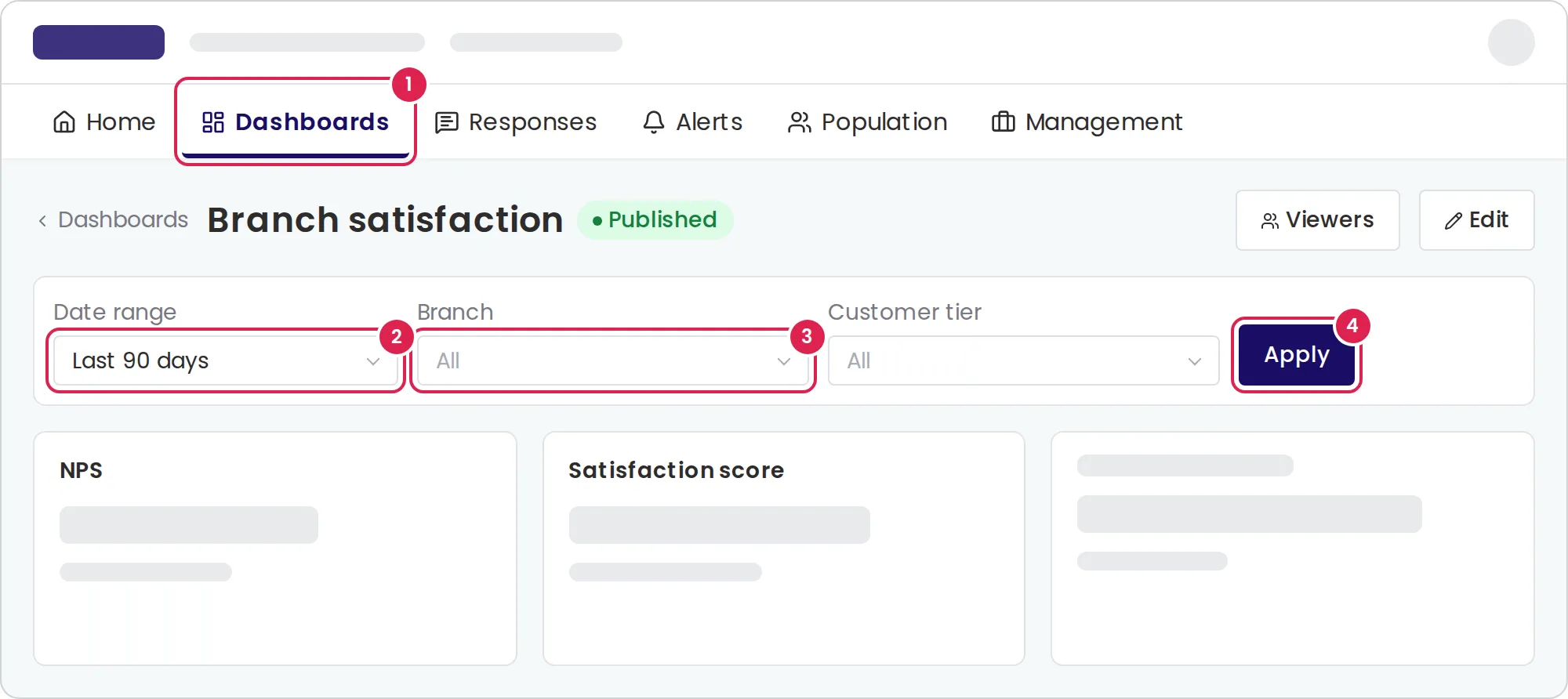 Sketch of a published dashboard with its filter bar. Marker 1 is on the tab that opens dashboards. Marker 2 is on the date range list. Marker 3 is on the value list of the first attribute. Marker 4 is on the button that applies the filters, at the end of the bar.