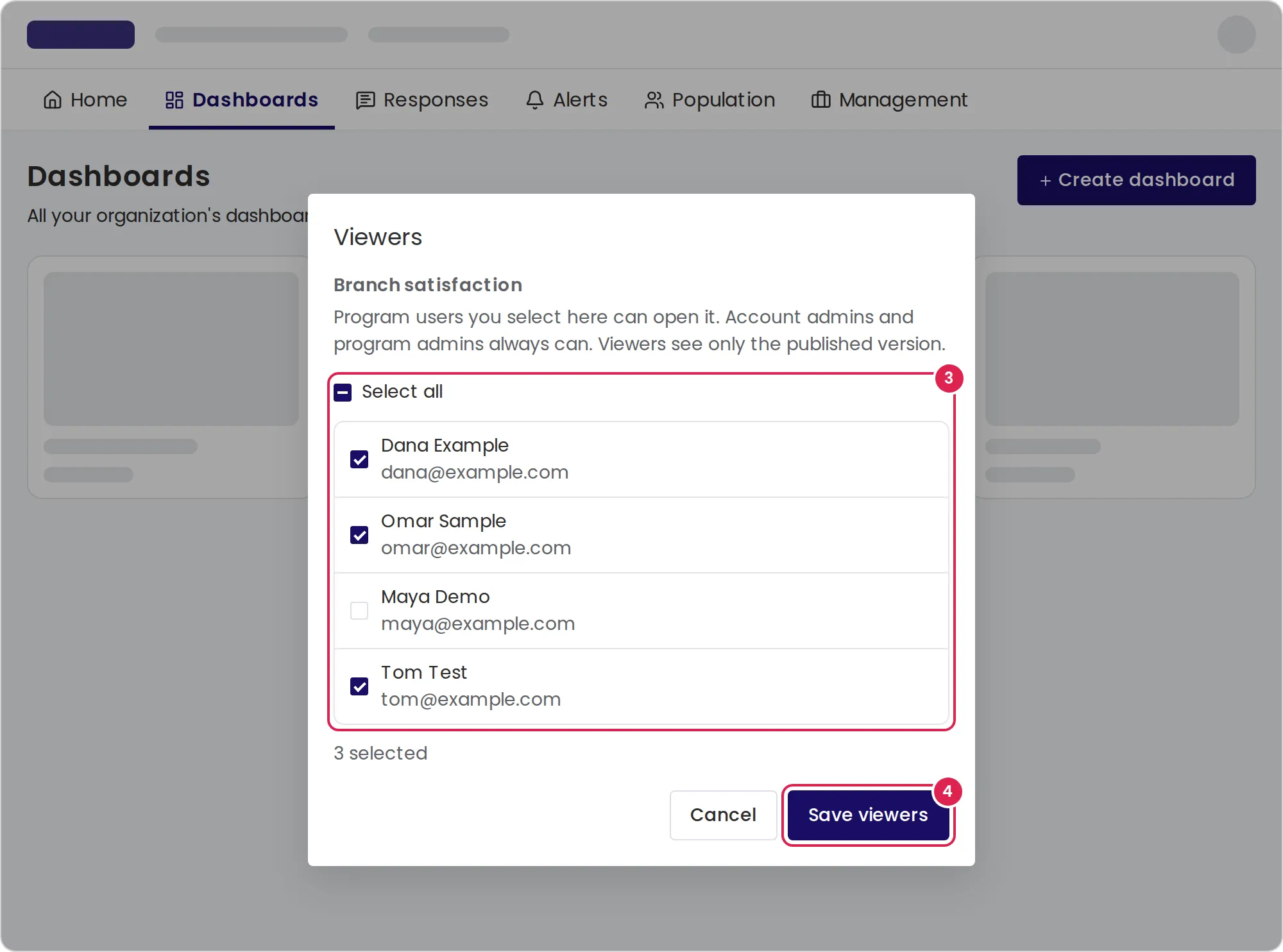 Sketch of the viewers dialog, open over the dashboards list. Marker 3 is on the list of program users, with the box that checks everyone above it. Marker 4 is on the button that saves the viewers, at the bottom right.