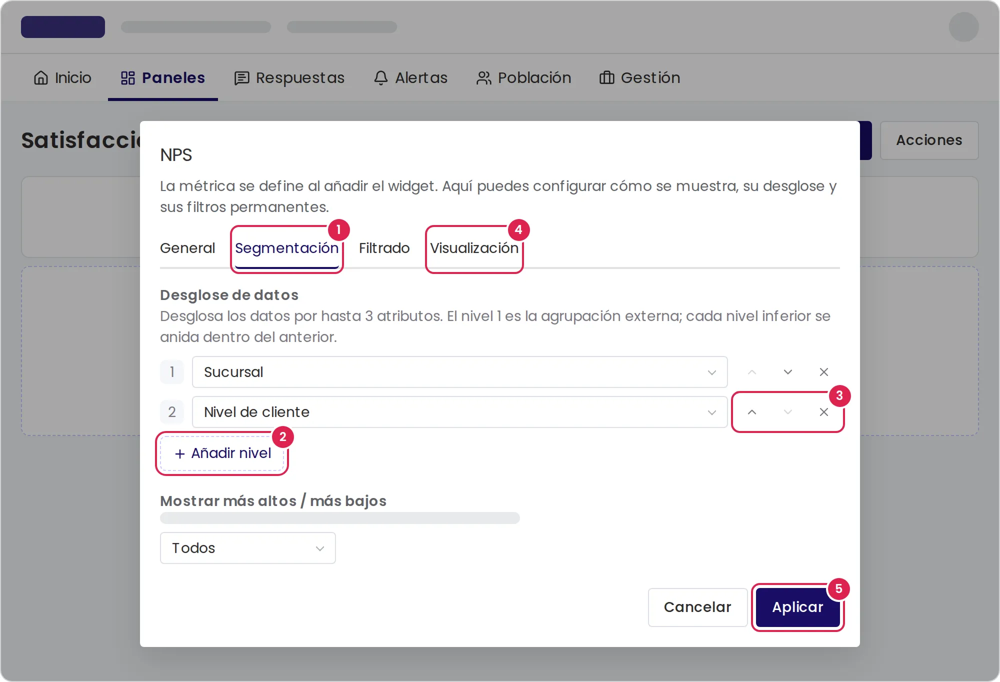 Boceto del editor de un widget en su pestaña de segmentación, abierto sobre el editor del panel. El marcador 1 está en la pestaña de segmentación. El marcador 2 está en el botón que agrega un nivel. El marcador 3 está en los botones que suben, bajan o quitan un nivel. El marcador 4 está en la pestaña de visualización. El marcador 5 está en el botón que aplica los cambios, abajo a la derecha.