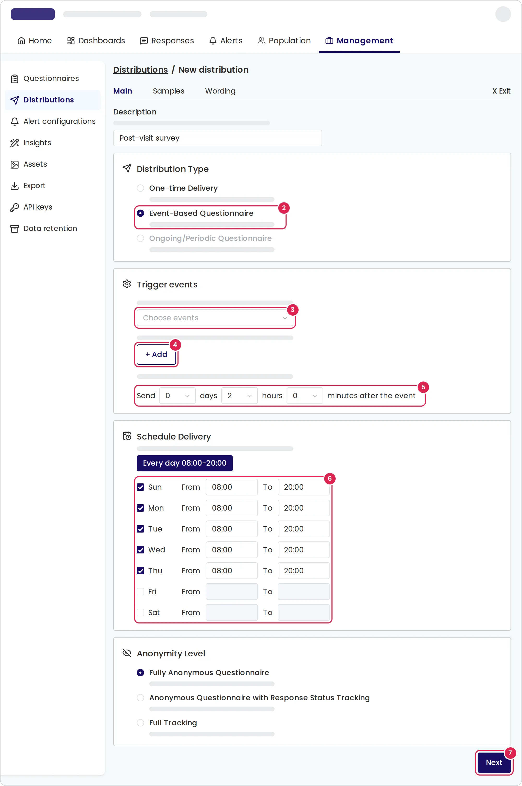 Sketch of the main tab of a new event-based distribution. Marker 2 is on the event-based type option. Marker 3 is on the list of event types. Marker 4 is on the button that adds a filter on event attributes. Marker 5 is on the line that sets how long to wait after the event. Marker 6 is on the sending days and hours. Marker 7 is on the button that goes to the next tab, at the bottom right.