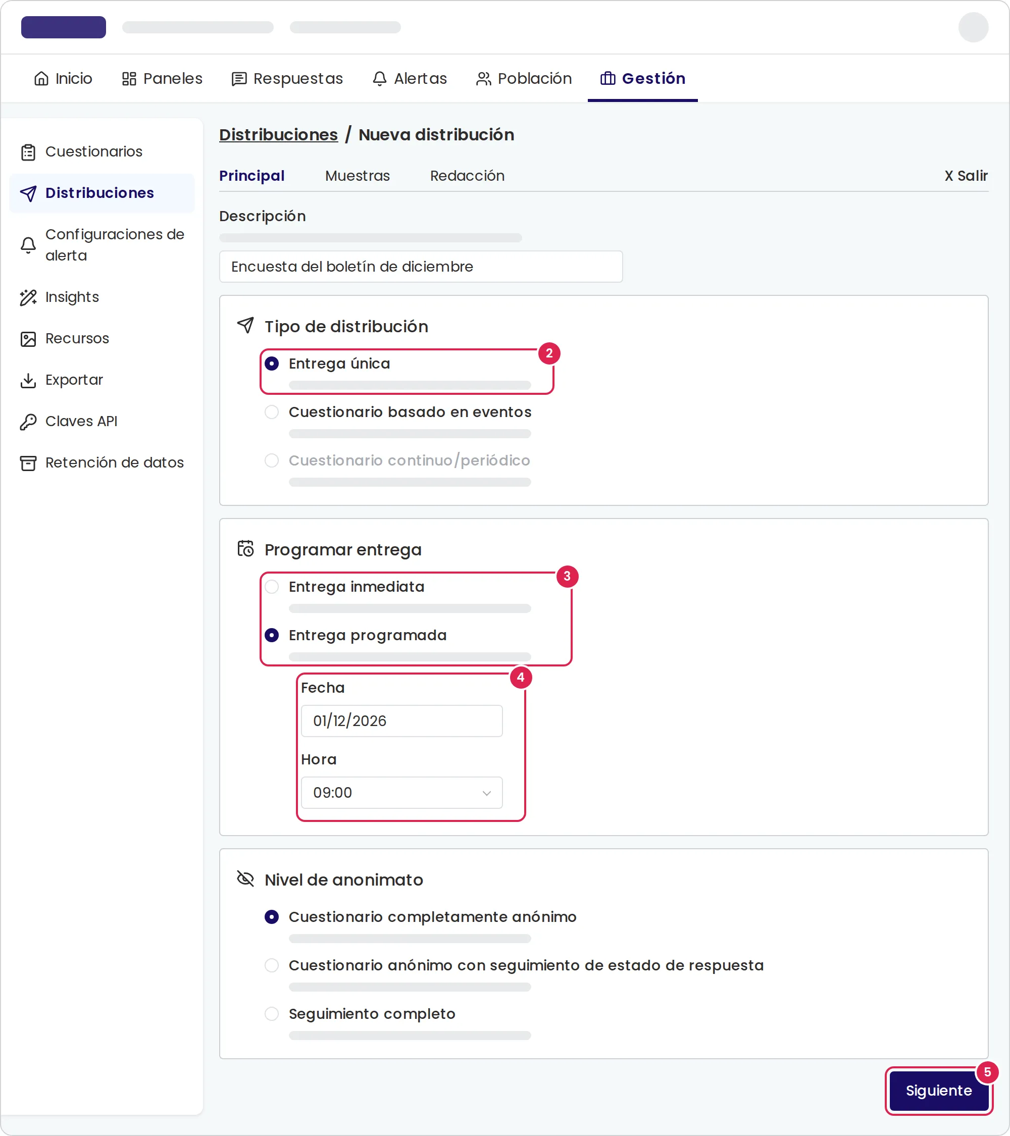Boceto de la pestaña principal de una distribución nueva de entrega única. El marcador 2 está en la opción del tipo de entrega única. El marcador 3 está en las dos opciones de envío: en cuanto se activa la distribución o a una hora programada. El marcador 4 está en los campos de fecha y hora de una entrega programada. El marcador 5 está en el botón que pasa a la pestaña siguiente, abajo a la derecha, debajo de los niveles de anonimato.