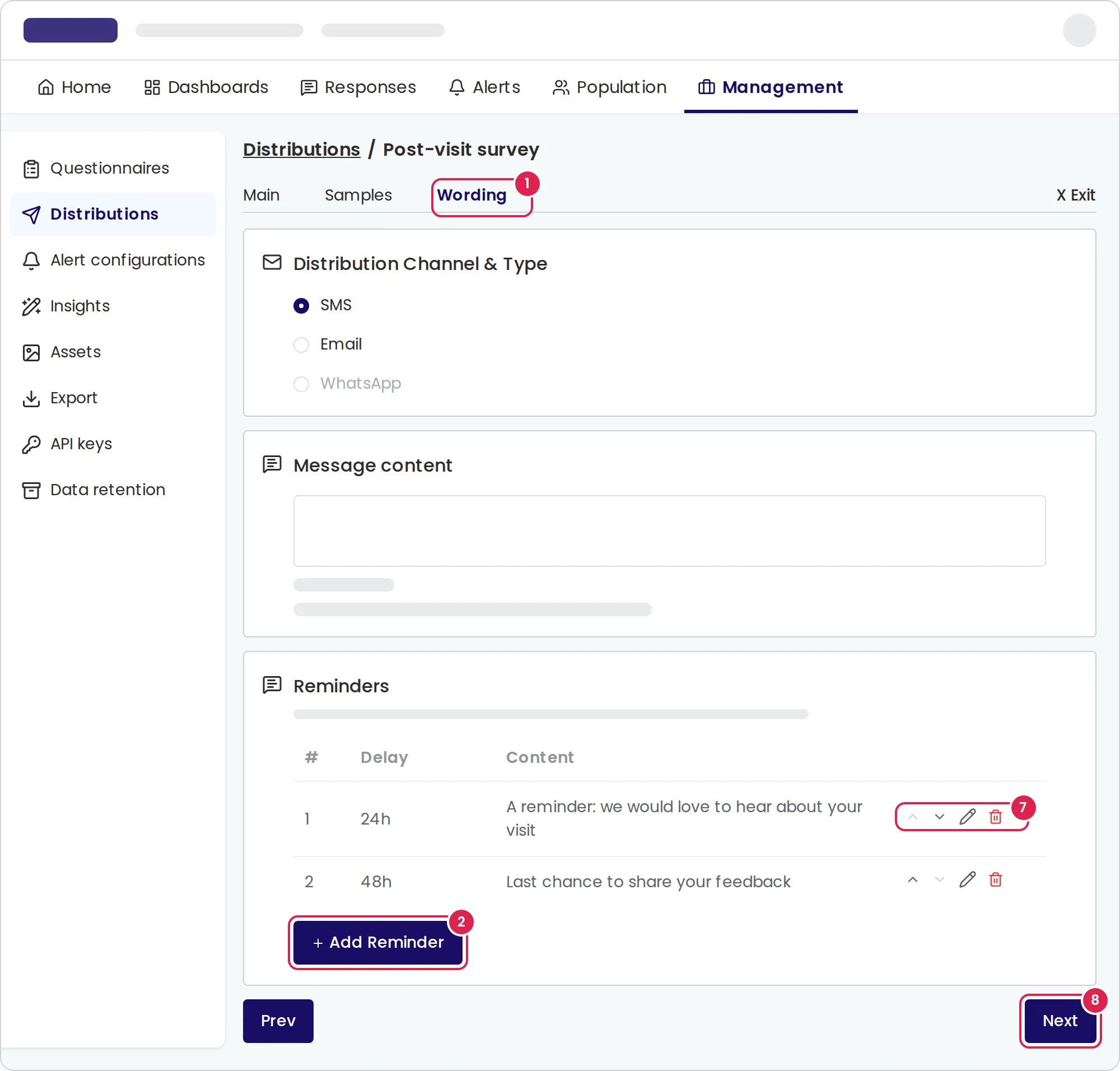 Sketch of the wording tab of a distribution with two reminders. Marker 1 is on the wording tab. Marker 2 is on the button that adds a reminder, below the list of reminders. Marker 7 is on the buttons at the end of a reminder's row that move it up or down, edit it and delete it. Marker 8 is on the button that saves the distribution, at the bottom right.