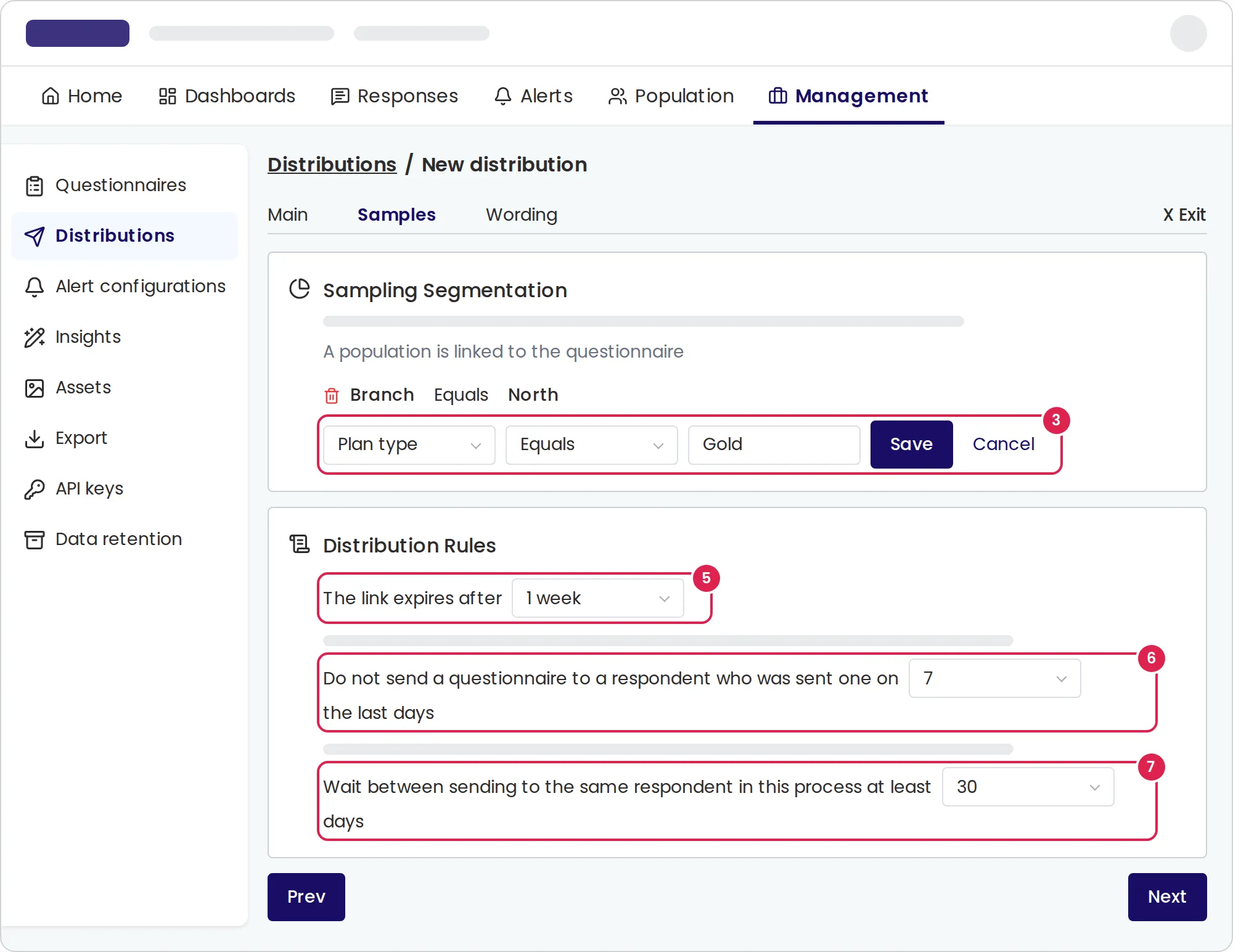Sketch of the samples tab of a distribution. Under segmentation, one condition is saved and a second one is being added. Marker 3 is on the row that adds it: the attribute, the comparison, the value and the save button. Under the distribution rules, marker 5 is on the link expiry, marker 6 on the first rule and marker 7 on the second rule.