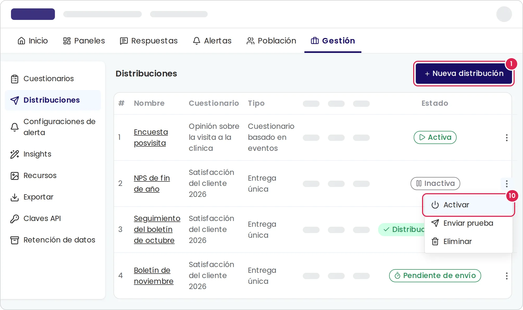 Boceto de la lista de distribuciones. El marcador 1 está en el botón que crea una distribución nueva, arriba a la derecha. El marcador 10 está en la opción que activa una distribución inactiva, en el menú abierto al final de su fila.