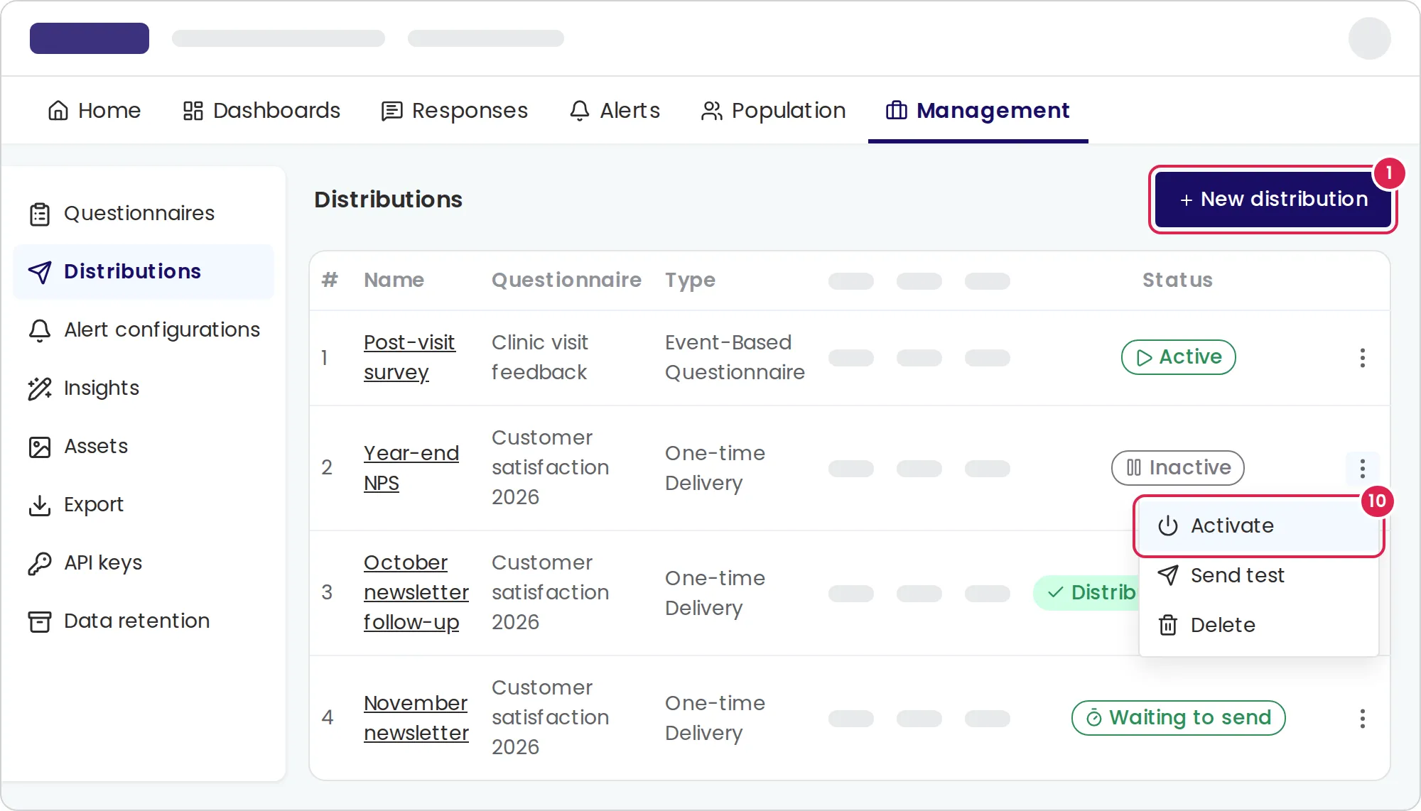 Sketch of the distributions list. Marker 1 is on the button that creates a new distribution, at the top right. Marker 10 is on the option that activates an inactive distribution, in the open menu at the end of its row.