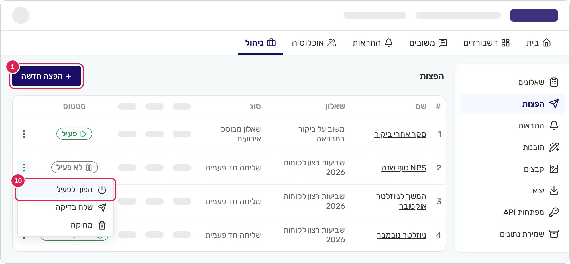 סקיצה של רשימת ההפצות. סימון 1 נמצא על הכפתור שיוצר הפצה חדשה, בפינה השמאלית העליונה. סימון 10 נמצא על האפשרות שמפעילה הפצה לא פעילה, בתפריט הפתוח בסוף השורה שלה.