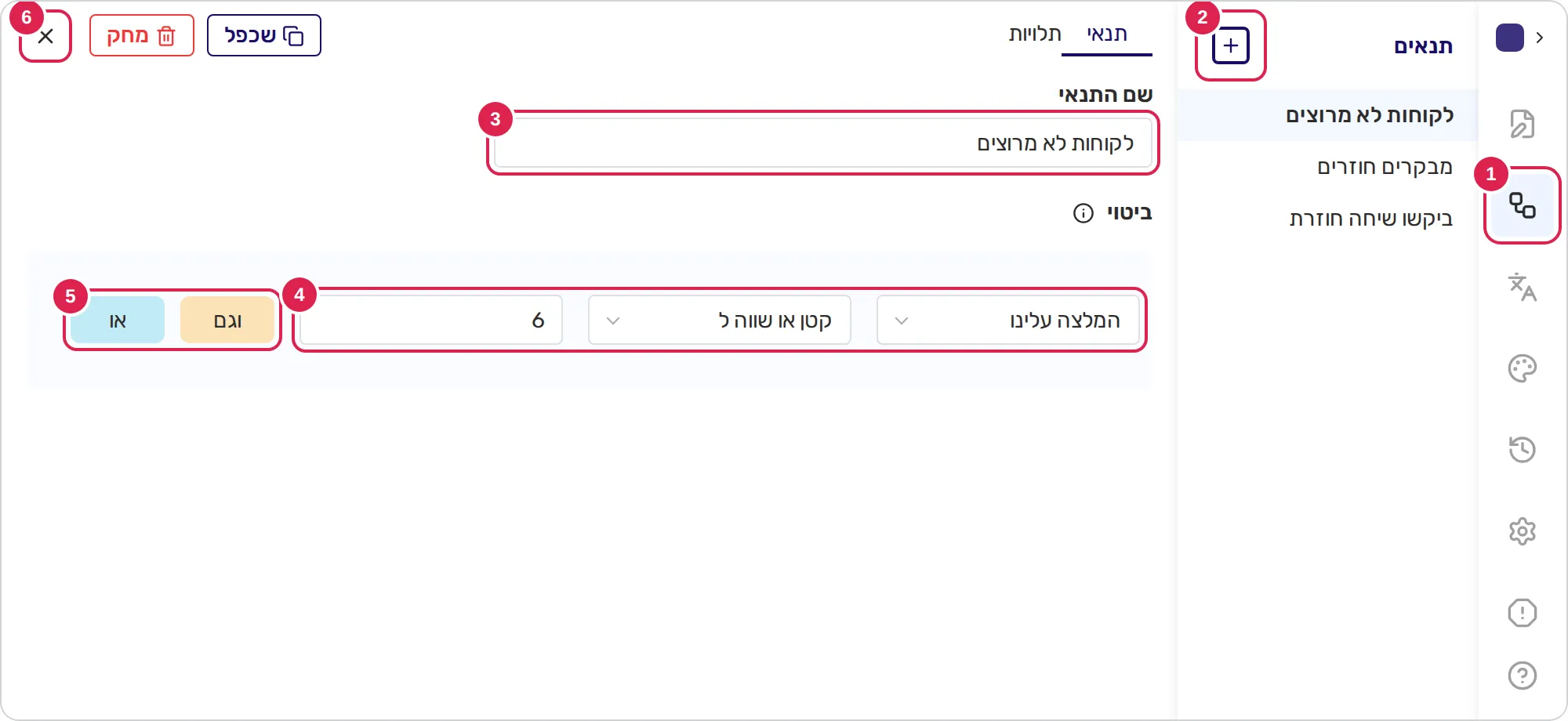 סקיצה של חלונית התנאים בעורך הטופס, פתוחה מעל אזור העריכה. סימון 1 נמצא על כפתור התנאים בתפריט הצדדי. סימון 2 נמצא על כפתור הפלוס בראש רשימת התנאים. סימון 3 נמצא על השם של התנאי. סימון 4 נמצא על השורה עם השאלה, האופרטור והערך. סימון 5 נמצא על הכפתורים שמוסיפים כלל, בסוף השורה. סימון 6 נמצא על הכפתור שסוגר את החלונית, למעלה משמאל.