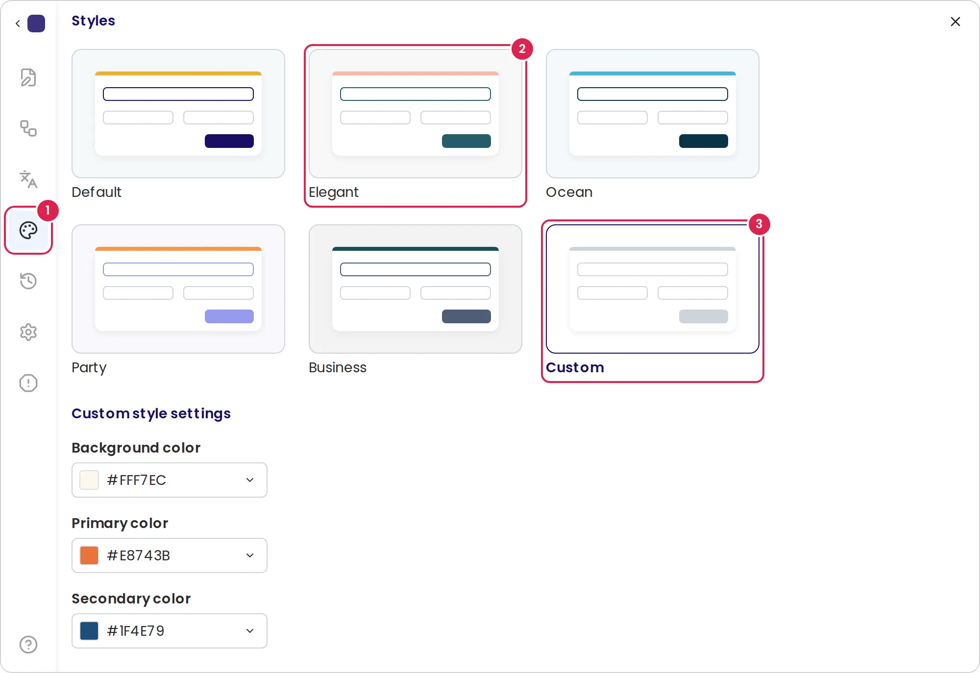 Sketch of the style panel of the form builder, with the custom theme selected. Marker 1 is on the style button in the side menu. Marker 2 is on one of the themes. Marker 3 is on the custom theme, whose color settings are below the themes.