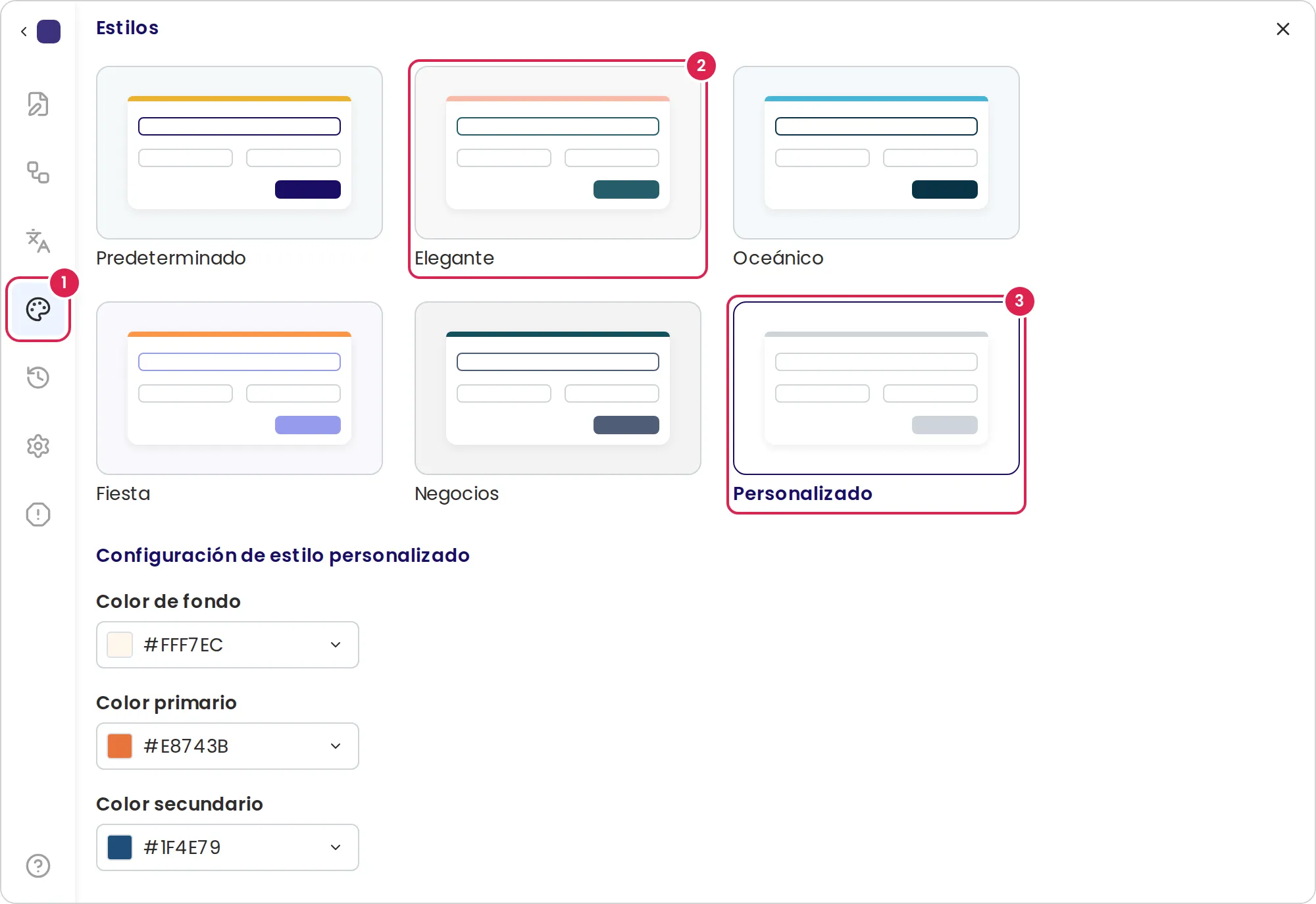 Boceto del panel de estilo del editor de formularios, con el tema personalizado seleccionado. El marcador 1 está en el botón de estilo del menú lateral. El marcador 2 está en uno de los temas. El marcador 3 está en el tema personalizado, cuyos ajustes de color están debajo de los temas.