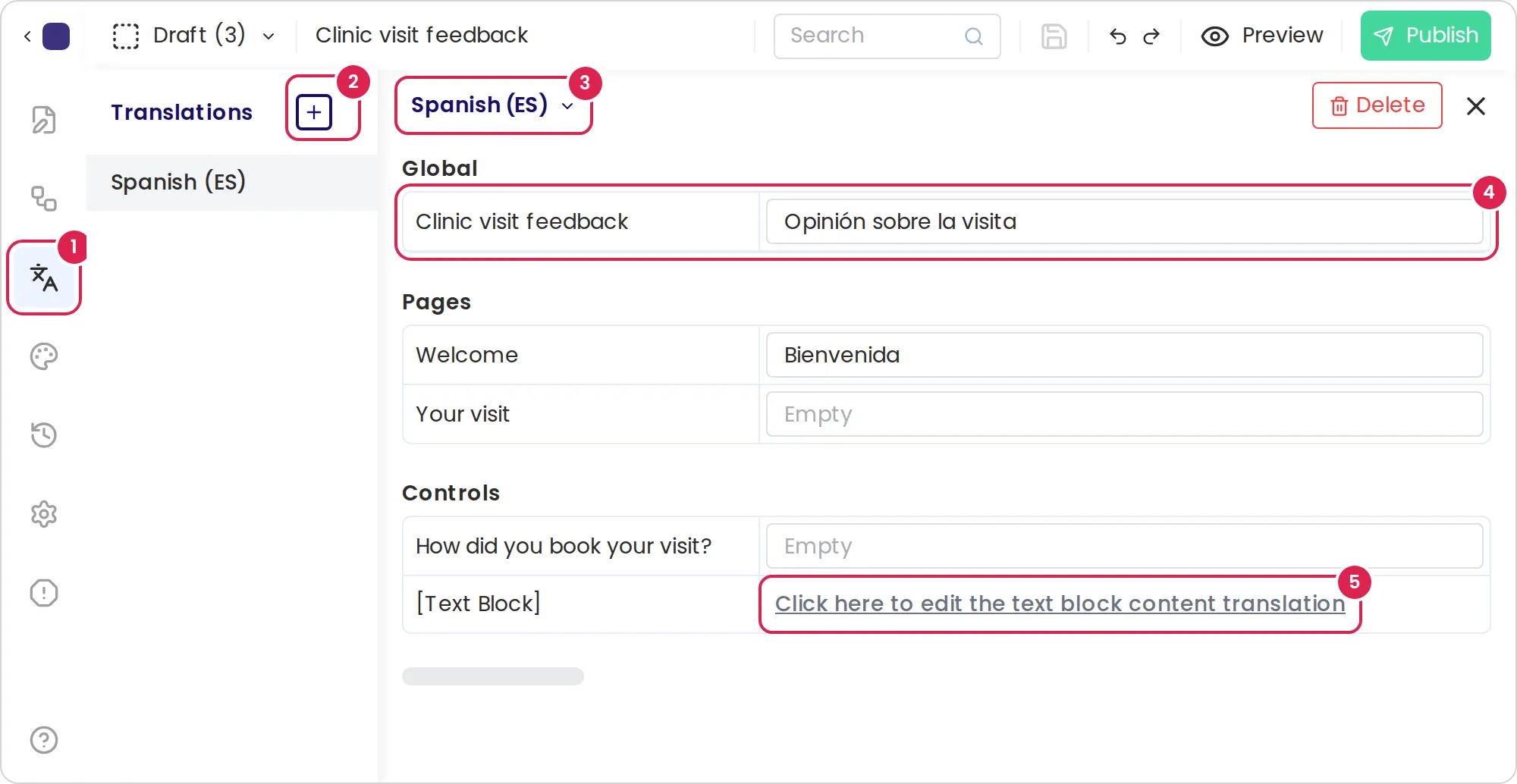 Sketch of the translations panel in the form builder. Marker 1 is on the translations icon in the side menu. Marker 2 is on the plus button next to the panel title. Marker 3 is on the language name at the top, which opens the language list. Marker 4 is on a row of texts: the original on the left, the box for its translation on the right. Marker 5 is on the link that opens the window for translating a text block.