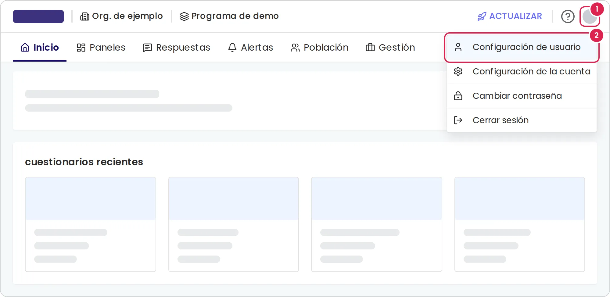 Boceto de la página de inicio con el menú de la cuenta abierto. El marcador 1 está en tu foto de perfil, en la esquina superior derecha. El marcador 2 está en la primera opción del menú, que abre tu configuración de usuario. El encabezado también muestra el nombre de la organización, el nombre del programa, el botón para actualizar el plan y el ícono de signo de interrogación.