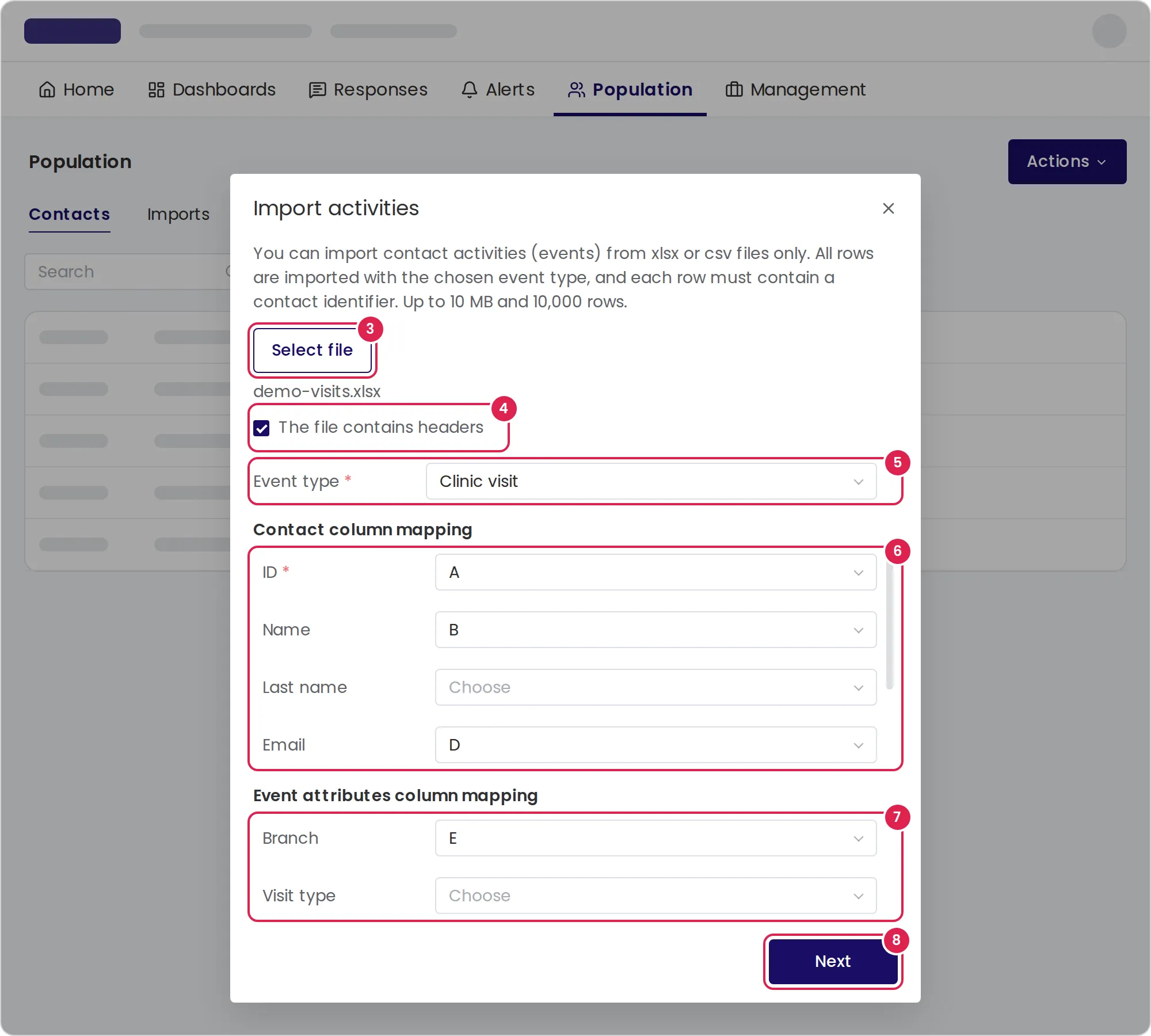 Sketch of the dialog that imports activities, open over the population page. Marker 3 is on the button that selects the file. Marker 4 is on the option for a file whose first row holds column names. Marker 5 is on the event type for every row. Marker 6 is on the contact column mapping, where you choose a column letter for each field. Marker 7 is on the event attribute mapping. Marker 8 is on the button that checks the file, at the bottom right.