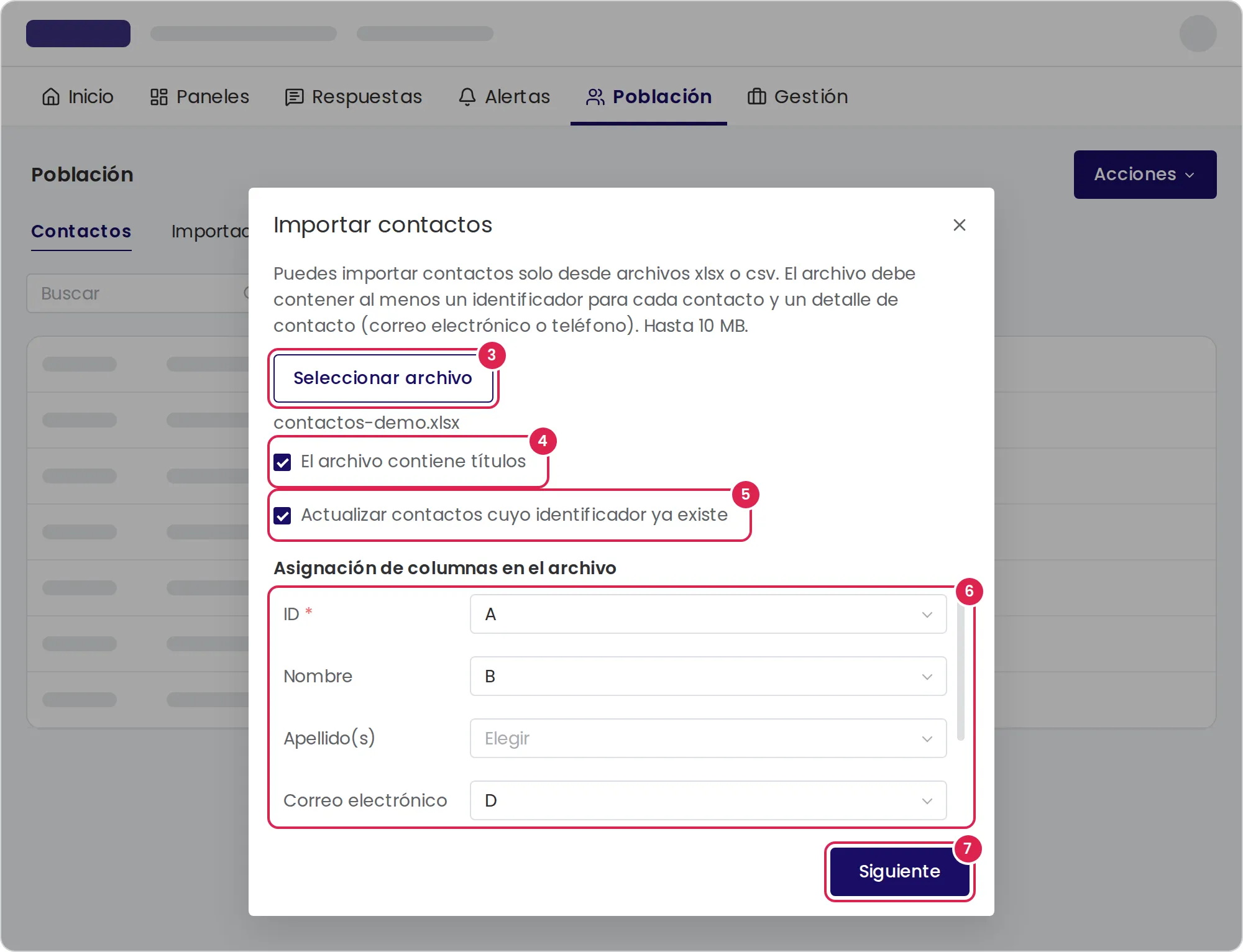 Boceto del cuadro de diálogo para importar contactos, abierto sobre la página de la población. El marcador 3 está en el botón que selecciona el archivo. El marcador 4 está en la opción para un archivo cuya primera fila tiene los nombres de las columnas. El marcador 5 está en la opción que actualiza los contactos existentes. El marcador 6 está en la asignación de columnas, donde eliges la letra de la columna para cada campo. El marcador 7 está en el botón que revisa el archivo, abajo a la derecha del cuadro de diálogo.