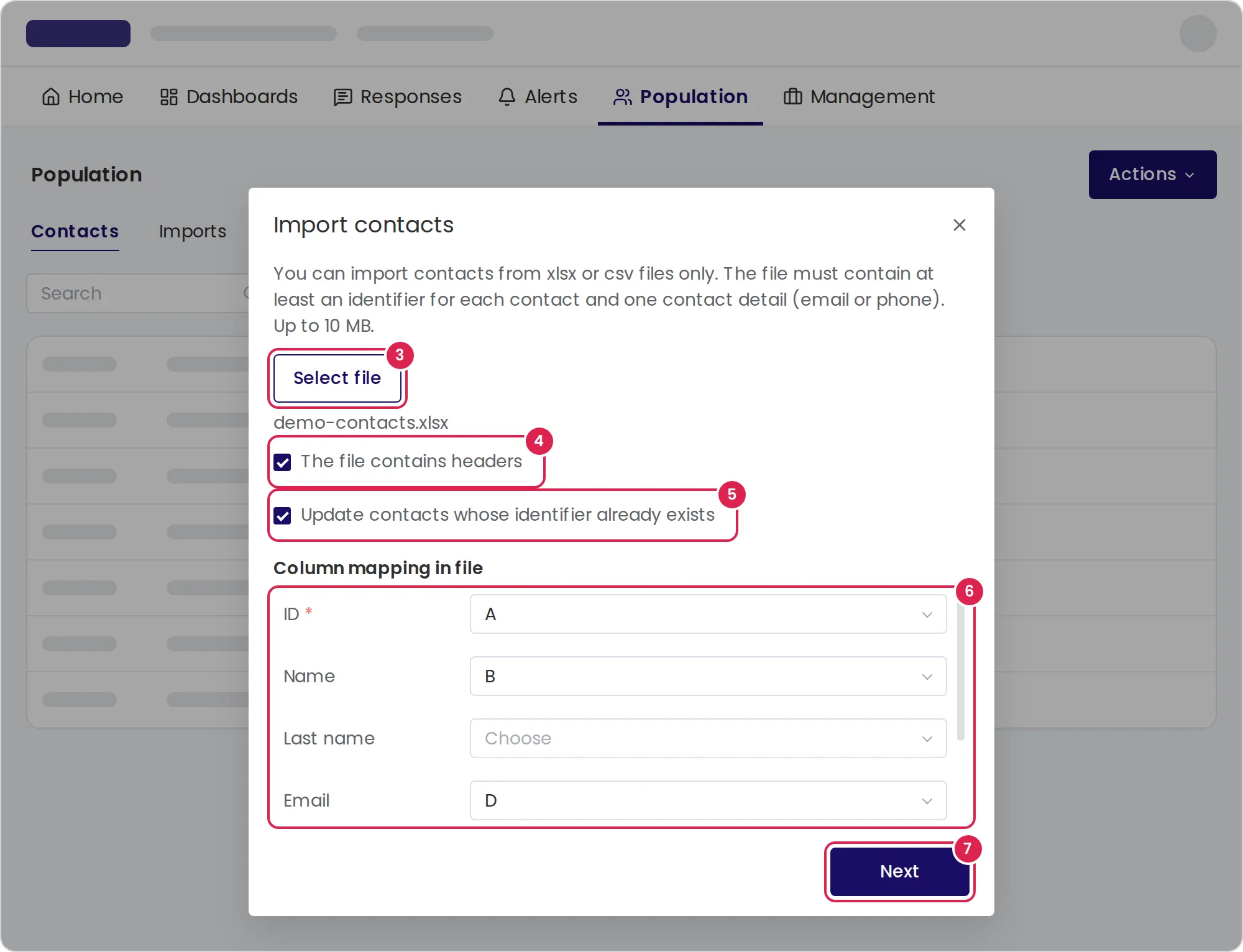 Sketch of the dialog that imports contacts, open over the population page. Marker 3 is on the button that selects the file. Marker 4 is on the option for a file whose first row holds column names. Marker 5 is on the option that updates existing contacts. Marker 6 is on the column mapping, where you choose a column letter for each field. Marker 7 is on the button that checks the file, at the bottom right of the dialog.