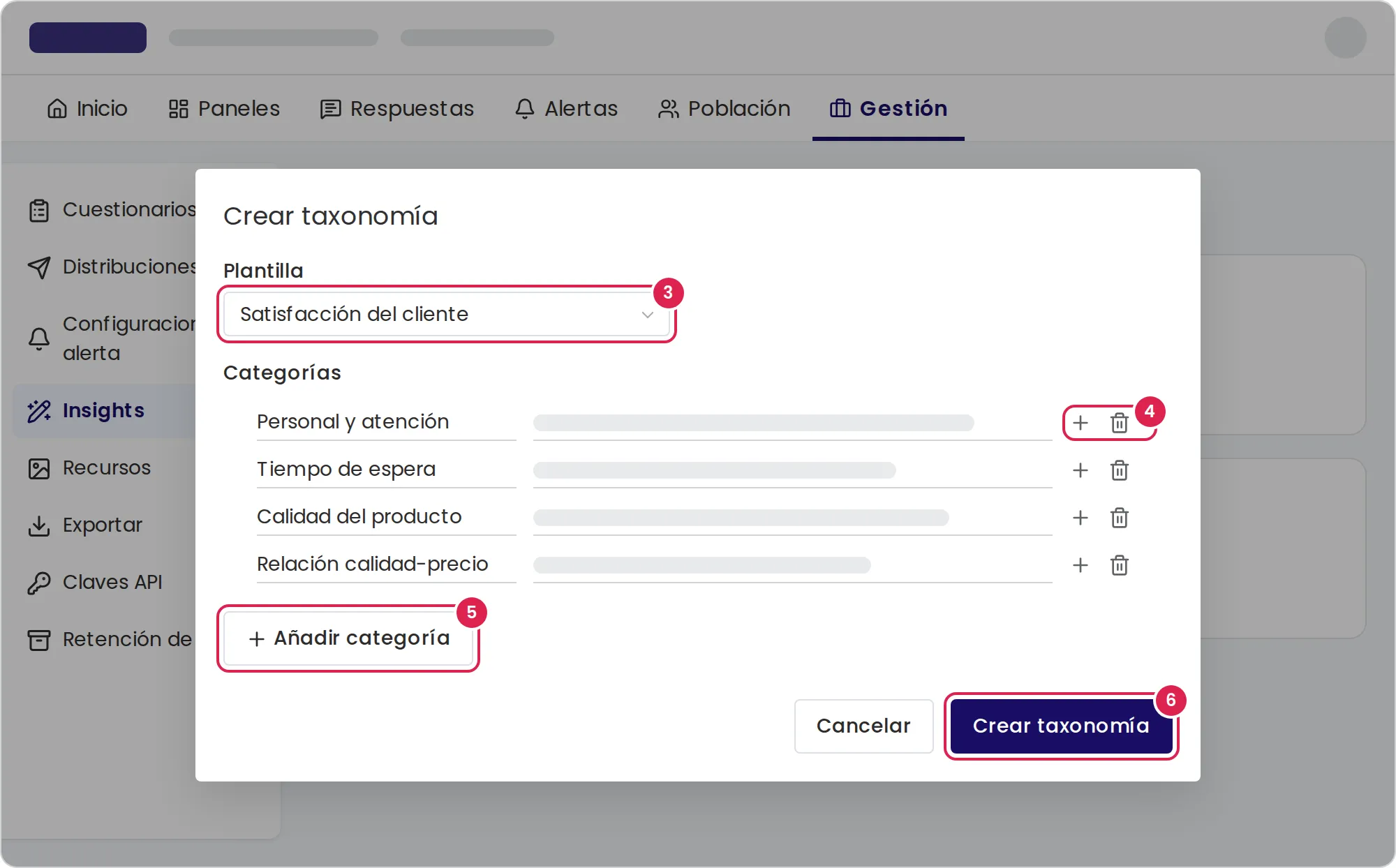 Boceto del cuadro de diálogo que crea la taxonomía de categorías, abierto sobre la página de Insights. El marcador 3 está en la lista de plantillas. El marcador 4 está en los iconos de más y de papelera al final de una fila de categoría. El marcador 5 está en el botón que agrega una categoría de primer nivel. El marcador 6 está en el botón que crea la taxonomía, abajo a la derecha.
