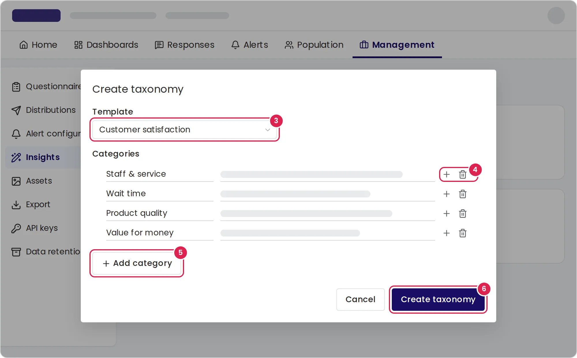 Sketch of the dialog that creates the category taxonomy, open over the Insights page. Marker 3 is on the template list. Marker 4 is on the plus and trash icons at the end of a category row. Marker 5 is on the button that adds a top-level category. Marker 6 is on the button that creates the taxonomy, at the bottom right.