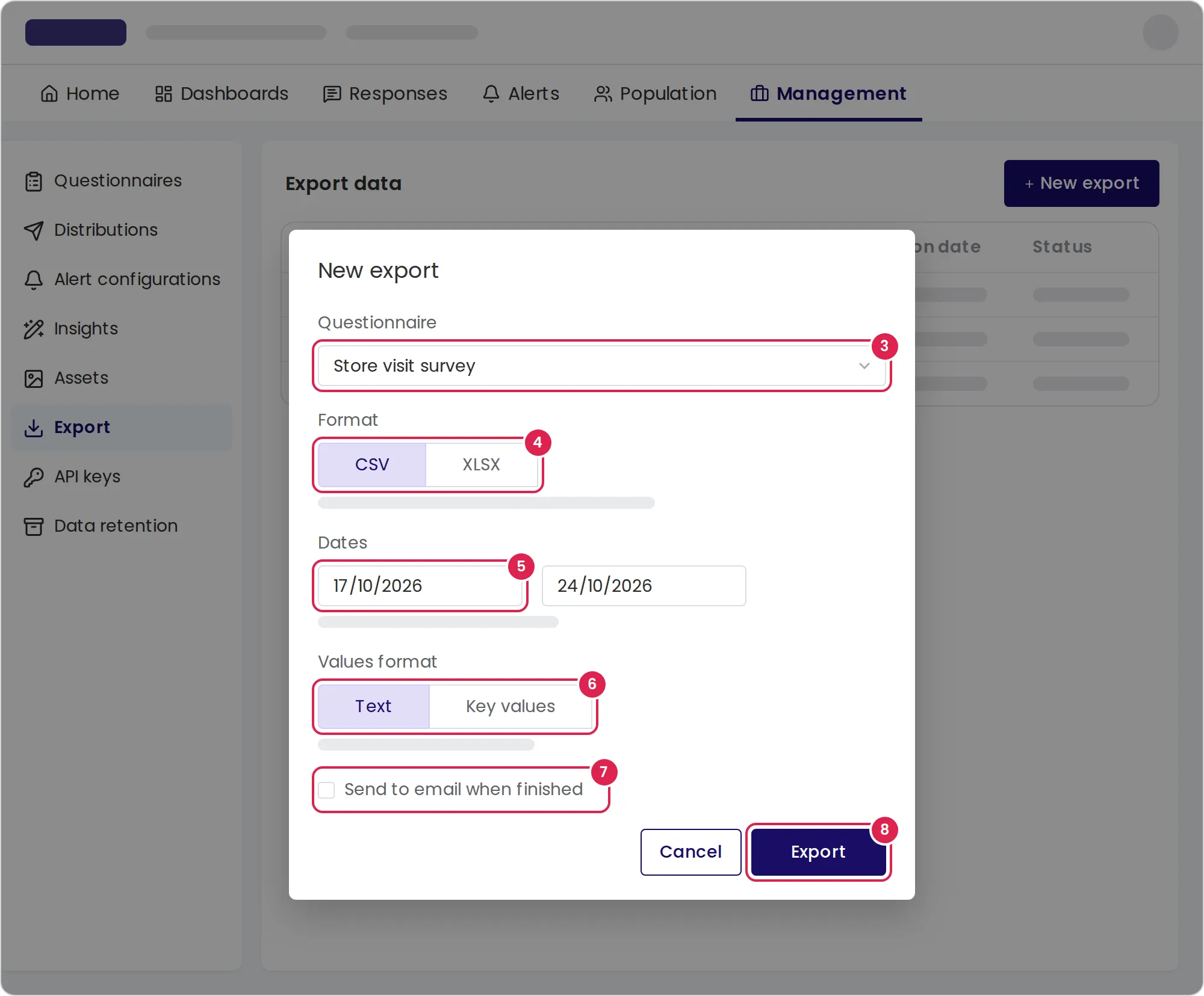 Sketch of the new export dialog, open over the export list. Marker 3 is on the questionnaire list, marker 4 on the file formats, marker 5 on the first day, marker 6 on the value formats, marker 7 on the email checkbox and marker 8 on the button that starts the export, at the bottom right.