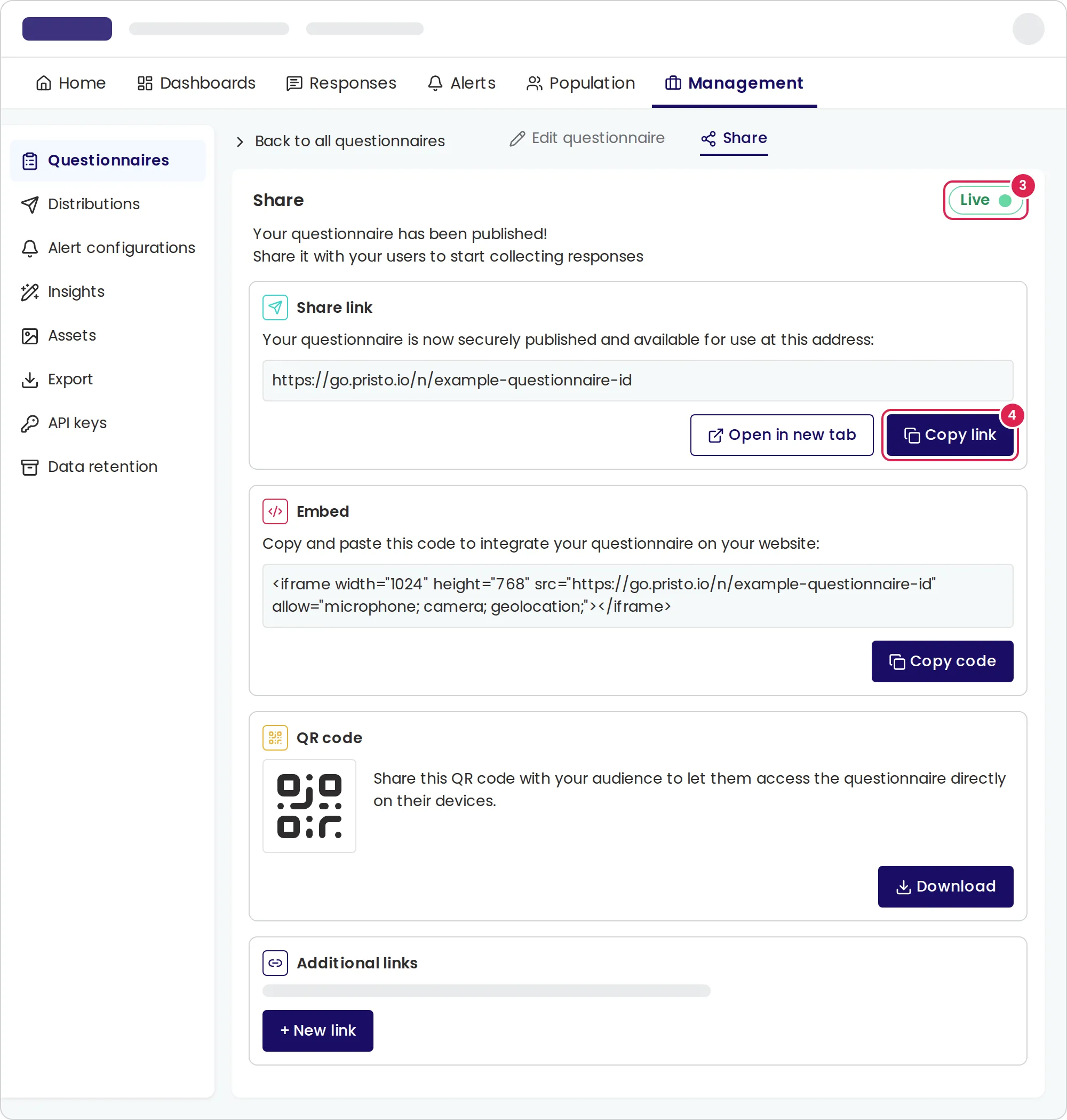 Sketch of the sharing tab of a published questionnaire. Marker 3 is on the status button at the top right, which shows that sharing is live. Marker 4 is on the button that copies the public link. Below it are the embed code with its copy button, the QR code with its download button, and the additional links.