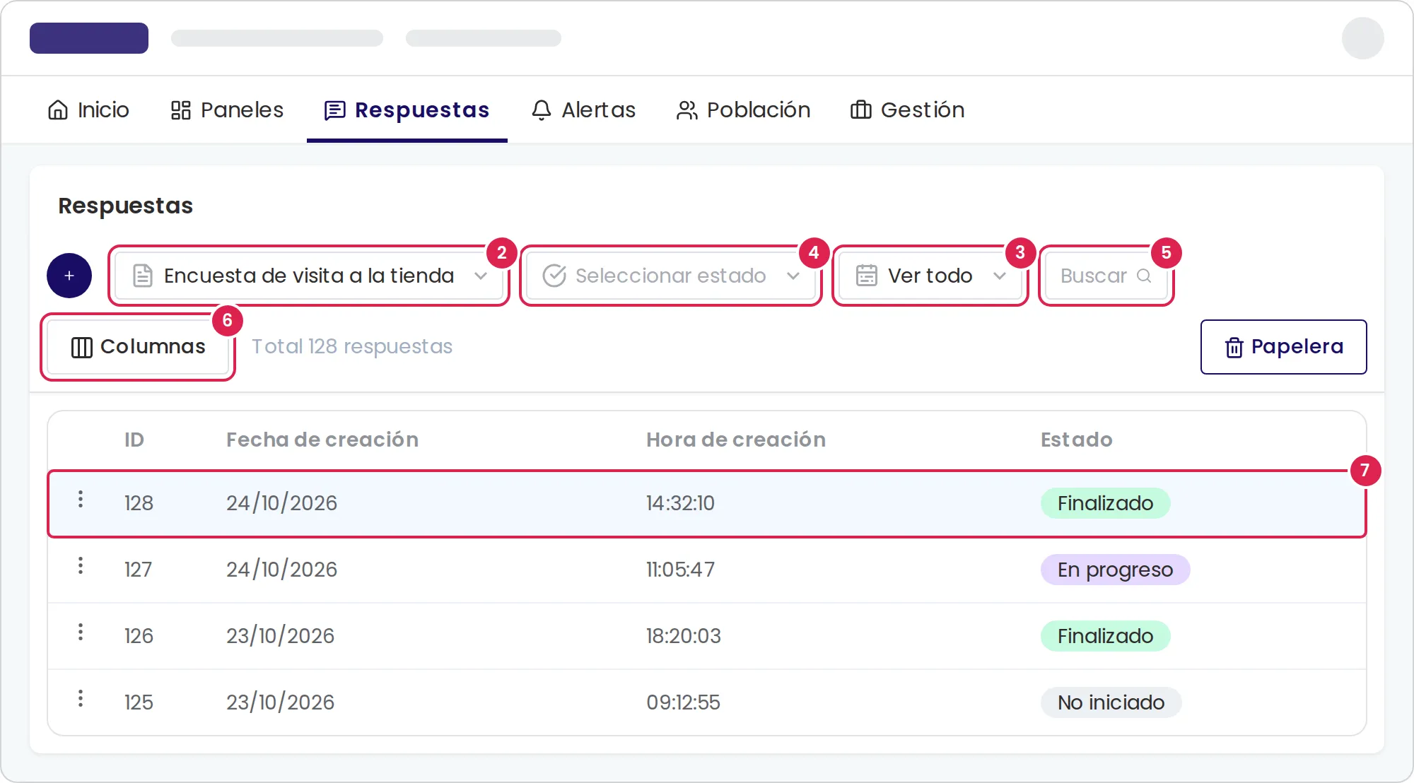Boceto de la página de respuestas. En la barra de filtros, el marcador 2 está en la lista de cuestionarios, el 4 en la lista de estados, el 3 en la lista de períodos, el 5 en el cuadro de búsqueda y el 6 en el botón que elige las columnas. El marcador 7 está en la primera respuesta de la tabla.