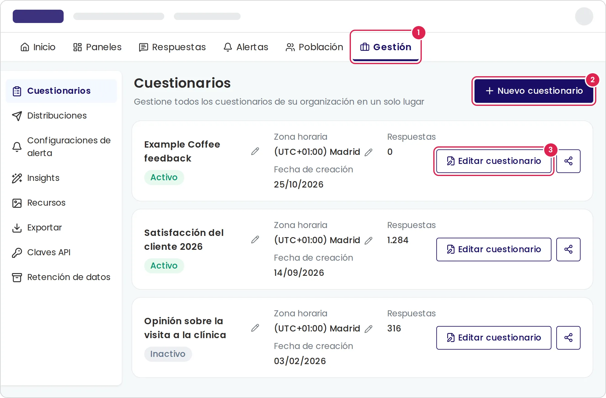 Boceto de la lista de cuestionarios. El marcador 1 está en la pestaña de gestión del menú principal, el marcador 2 en el botón que crea un cuestionario nuevo, arriba a la derecha, y el marcador 3 en el botón que abre el primer cuestionario para editarlo, en su tarjeta.