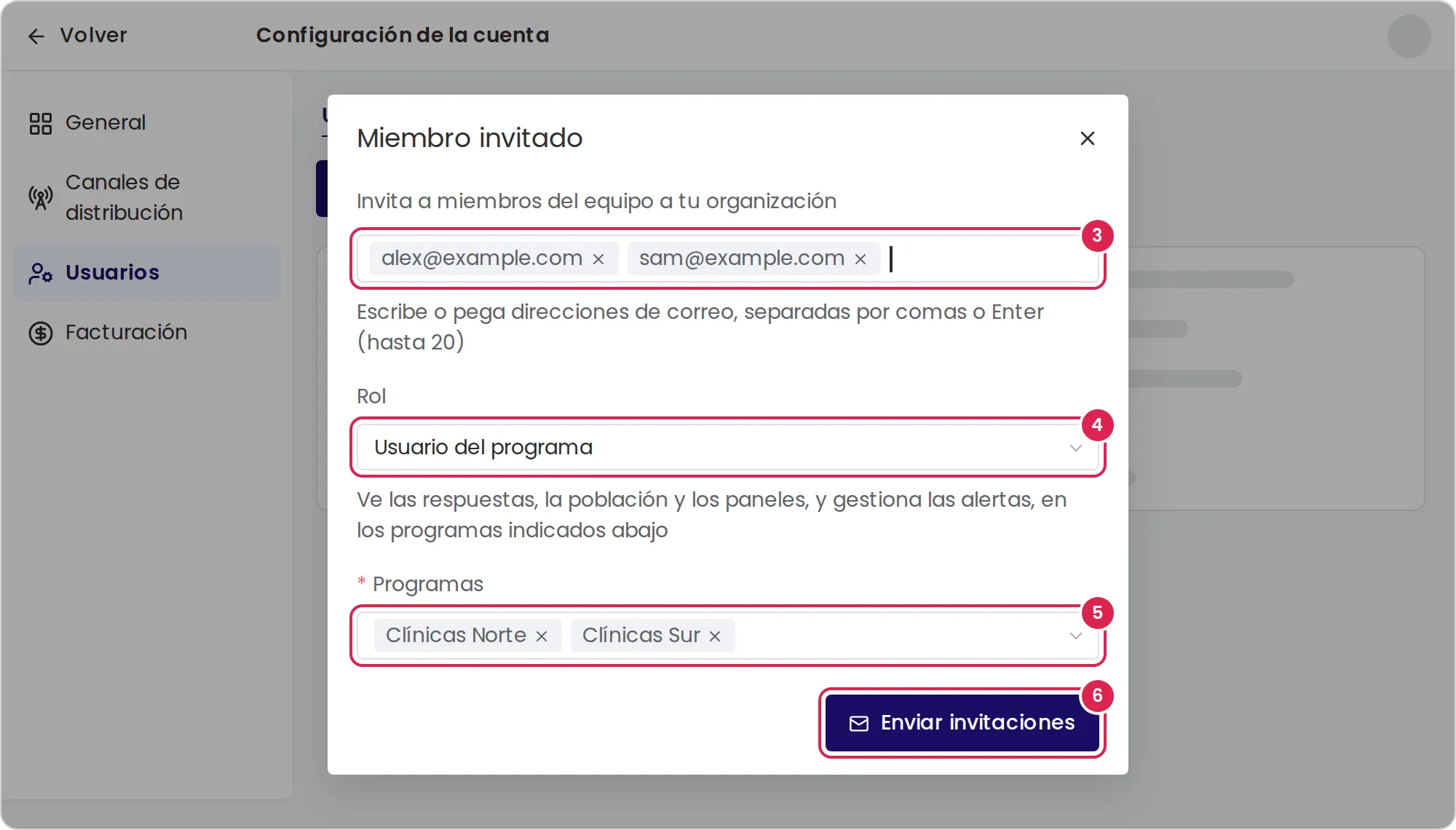 Boceto del cuadro de diálogo que invita a usuarios, abierto sobre la página de usuarios de la configuración de la cuenta. El marcador 3 está en el cuadro de las direcciones de correo. El marcador 4 está en la lista de roles. El marcador 5 está en la lista de programas. El marcador 6 está en el botón que envía las invitaciones, abajo a la derecha.