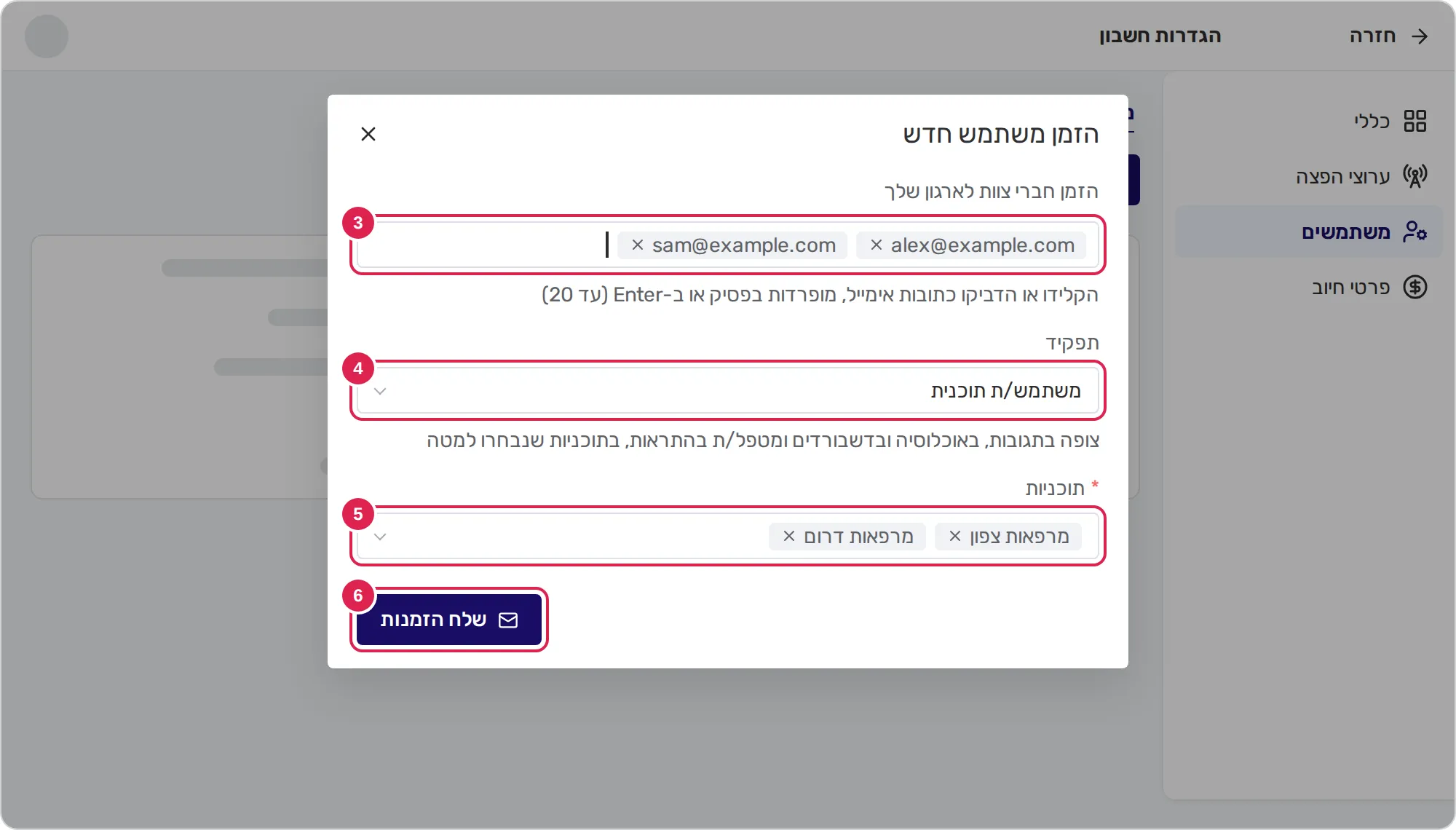 סקיצה של חלון הזמנת המשתמשים, פתוח מעל דף המשתמשים בהגדרות החשבון. סימון 3 נמצא על התיבה של כתובות האימייל. סימון 4 נמצא על רשימת התפקידים. סימון 5 נמצא על רשימת התוכניות. סימון 6 נמצא על הכפתור ששולח את ההזמנות, בפינה השמאלית התחתונה.