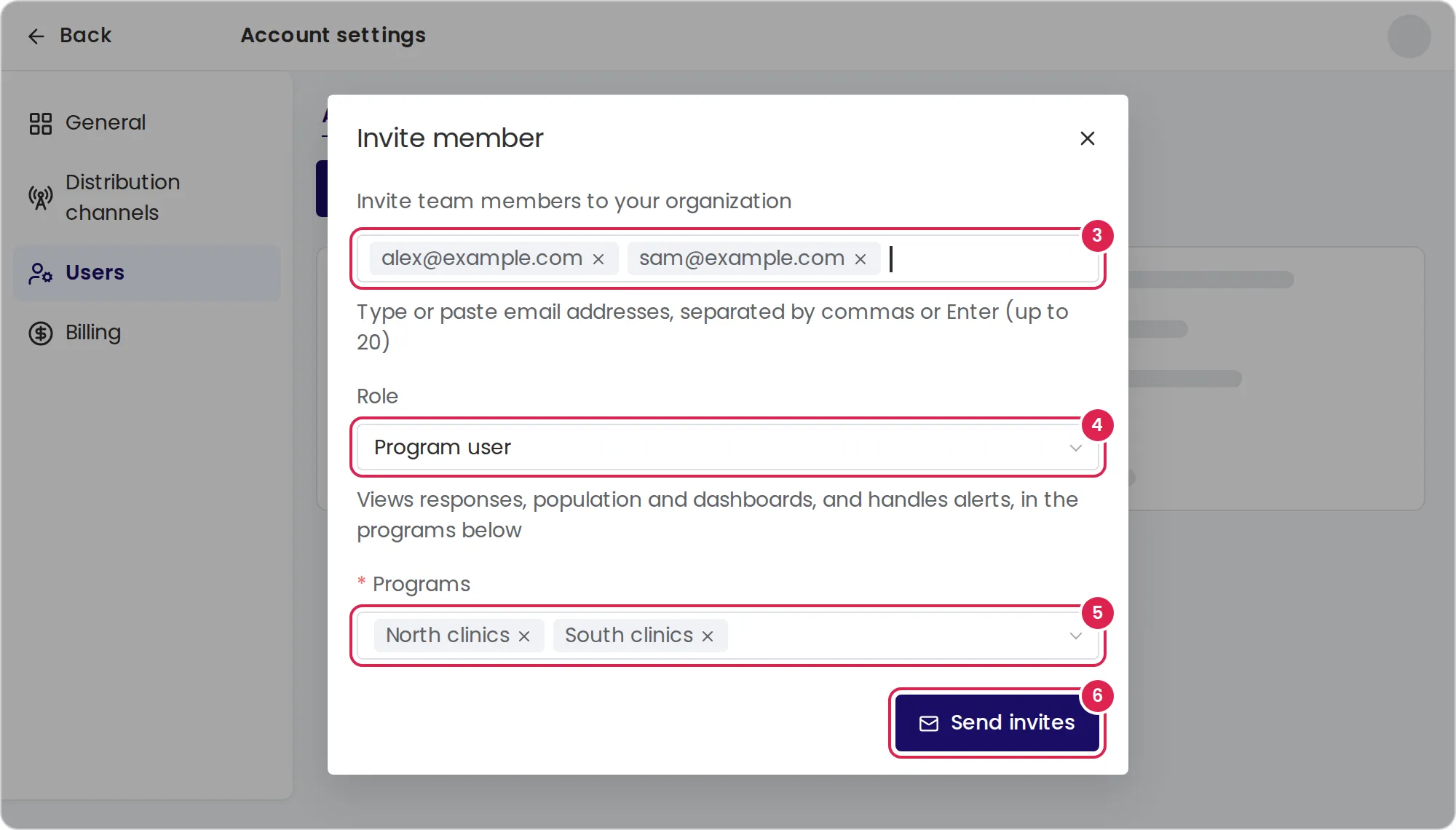Sketch of the dialog that invites users, open over the users page in account settings. Marker 3 is on the box for the email addresses. Marker 4 is on the role list. Marker 5 is on the program list. Marker 6 is on the button that sends the invitations, at the bottom right.
